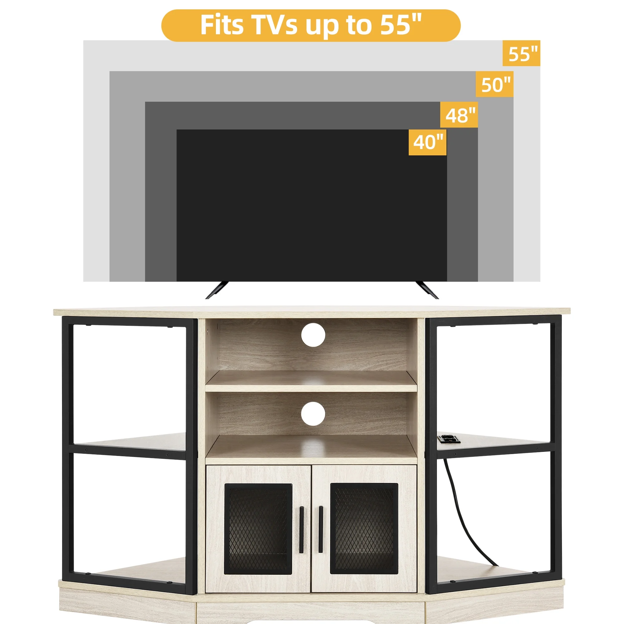 DWVO Farmhouse Corner TV Stand for TVs up to 55 inch with Power Outlet, TV Media Console with Storage, White Oak