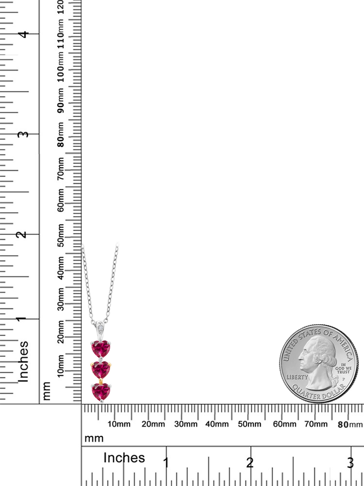 Gem Stone King 925 Sterling Silver and 10K Yellow Gold Red Created Ruby and White Lab Grown Diamond 3 Stone Heart Shape Pendant Necklace For Women By Keren Hanan (1.81 Cttw, with 18 inch Silver Chain)