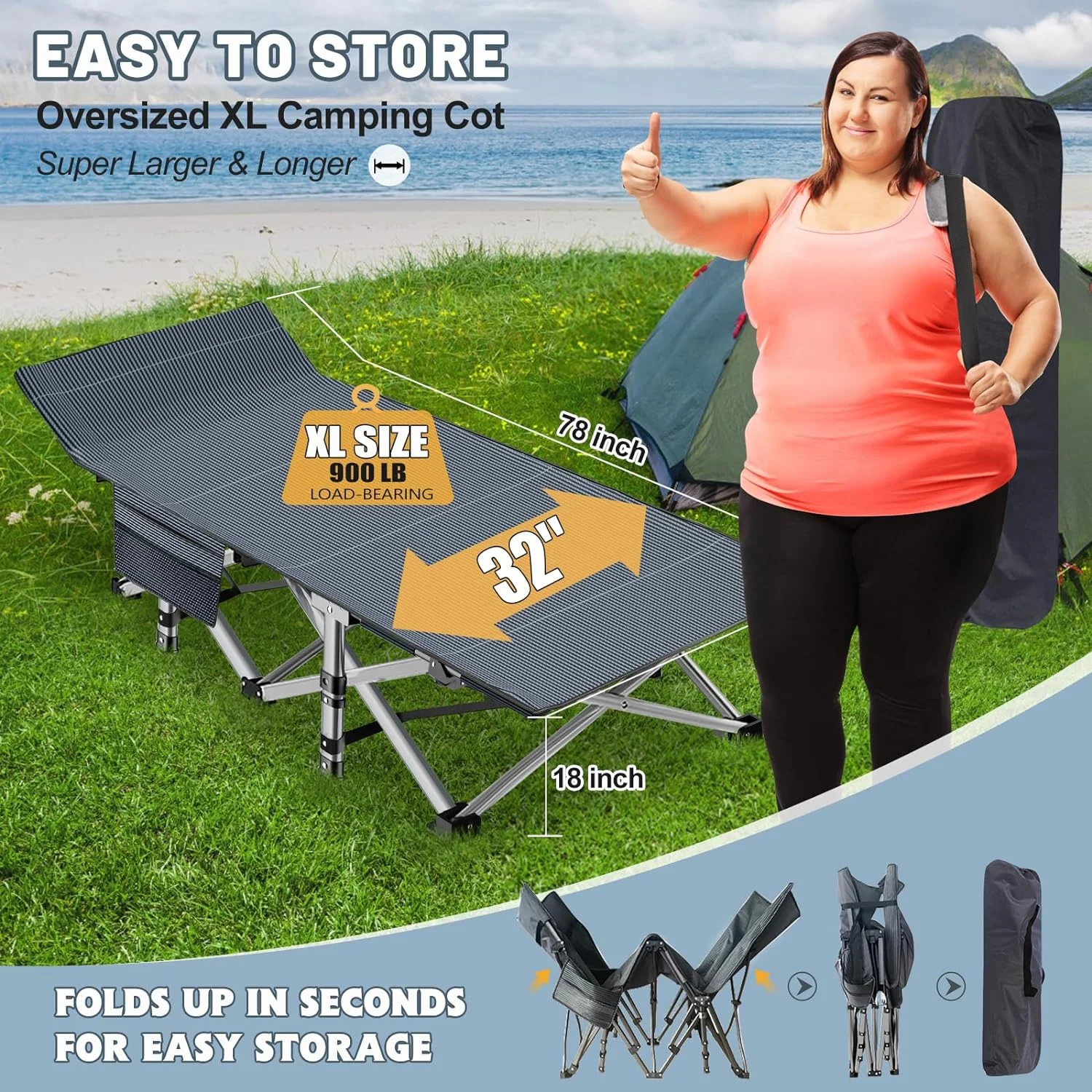 Folding Camping Cot, Heavy Duty Folding Cot Camping Cot for Adults Portable Folding Outdoor Cot with Carry Bags for Outdoor Travel Camp Beach Vacation