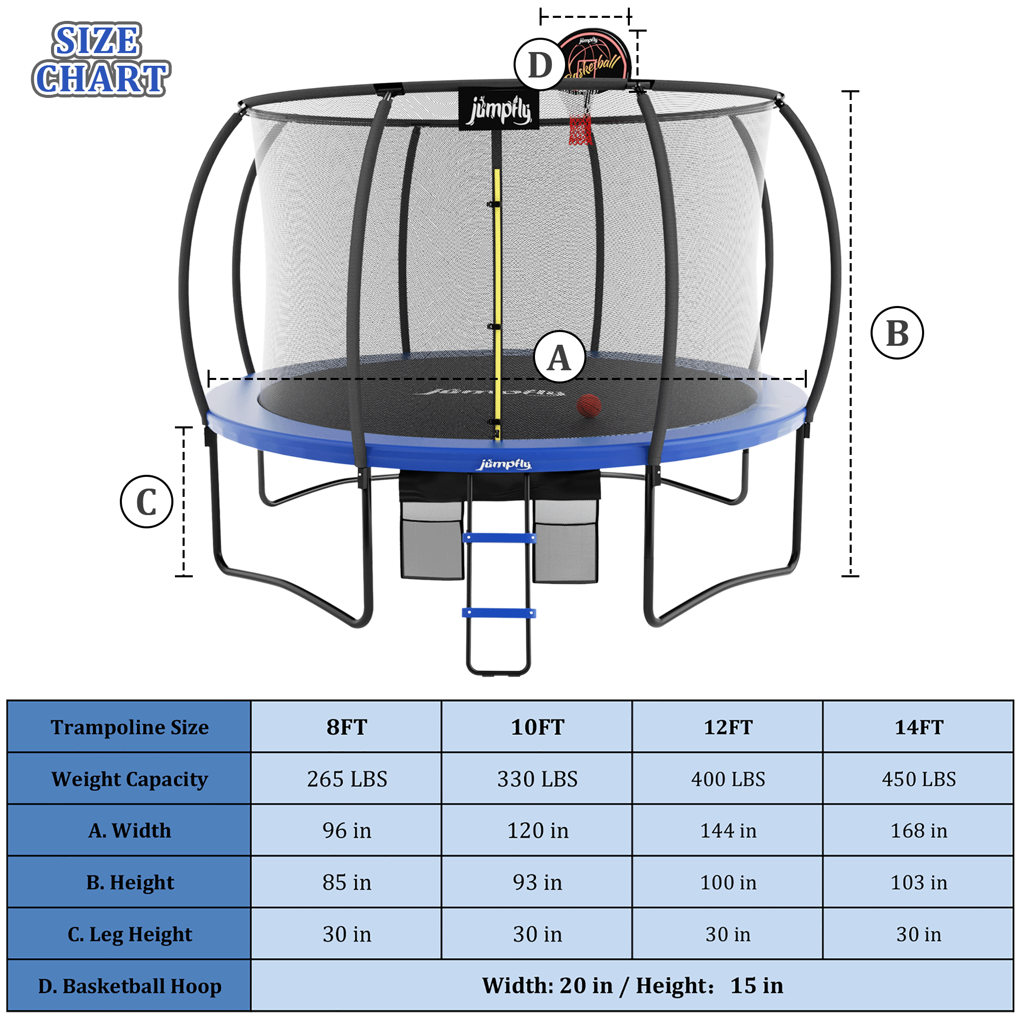 Jumpfly Trampoline 10FT Trampoline with Basketball Hoop-Curved Poles Reinforced Recreational Trampolines with Enclosure And Ladder-Outdoor Trampoline for Kids