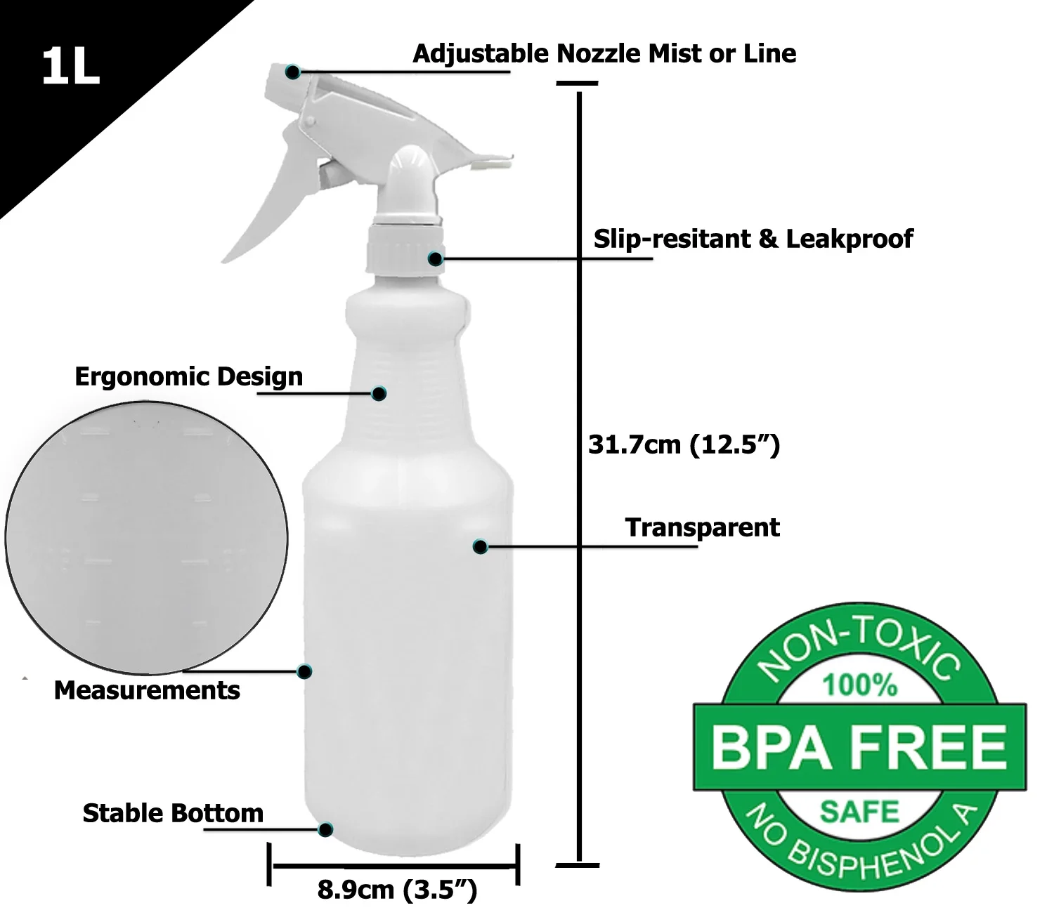 32 oz Empty Plastic Spray Bottle for Cleaning Solutions Measurements 4 Pack