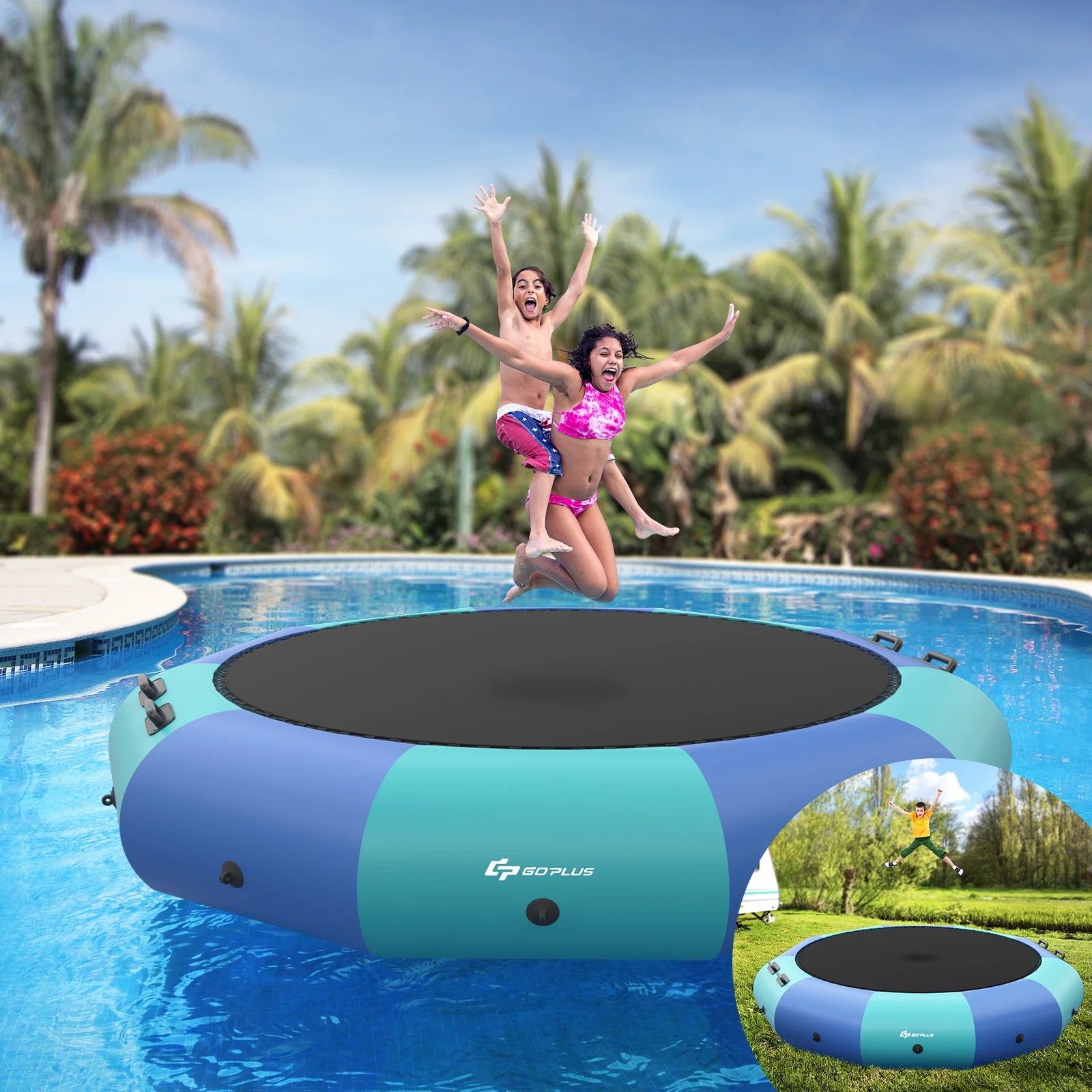 Infans 10FT Inflatable Water Bouncer Splash Padded Water Trampoline Blue & Green