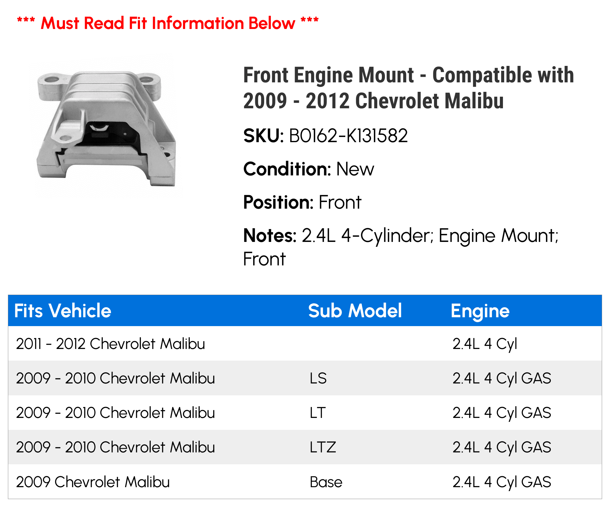 Front Engine Mount - Compatible with 2009 - 2012 Chevy Malibu 2010 2011