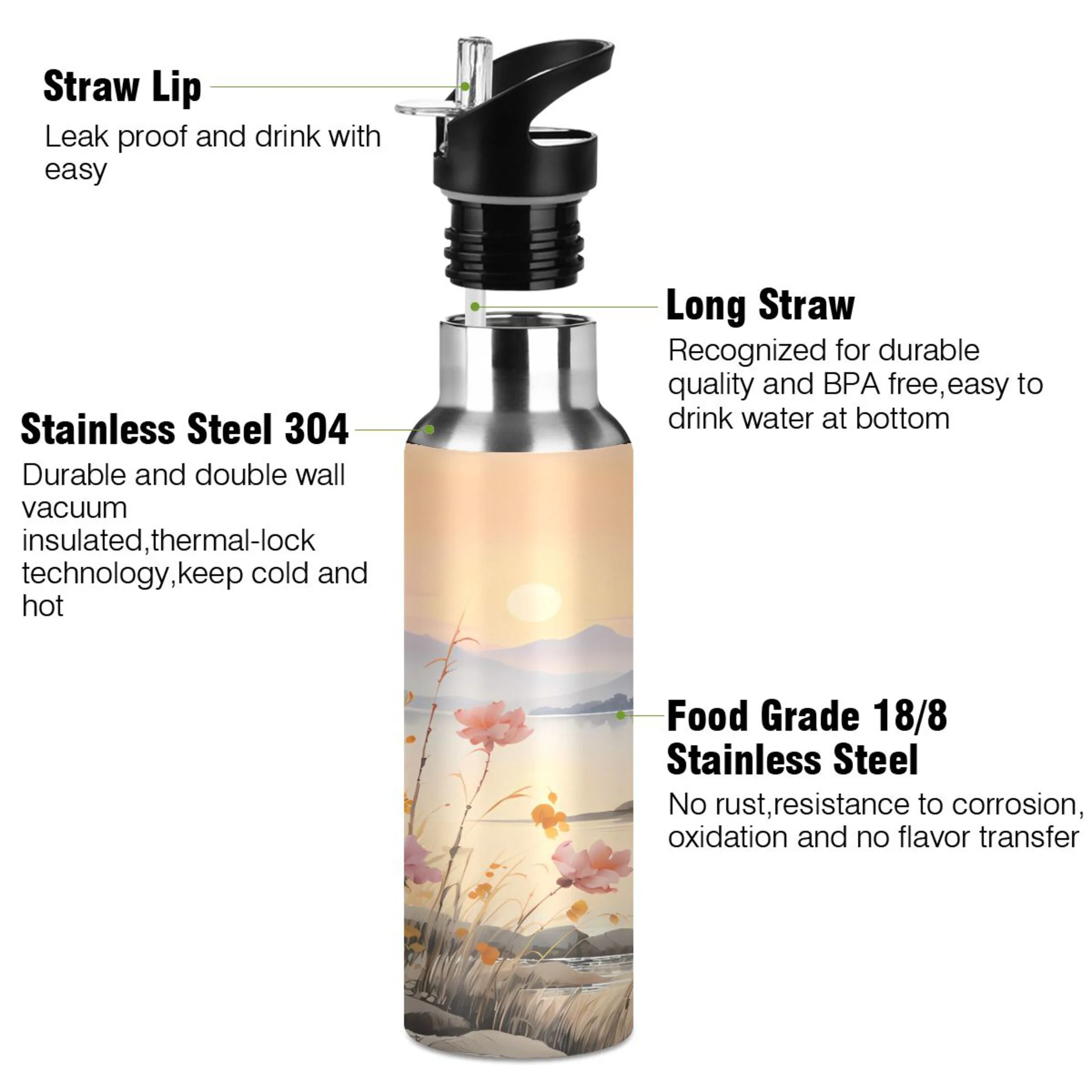 Water Bottle with Straw Lid Leak Sunset Landscape Flowers Stainless Steel Insulated Thermos Vacuum Flask for Cold Hot Drinking for Sports Camping Gym Yoga