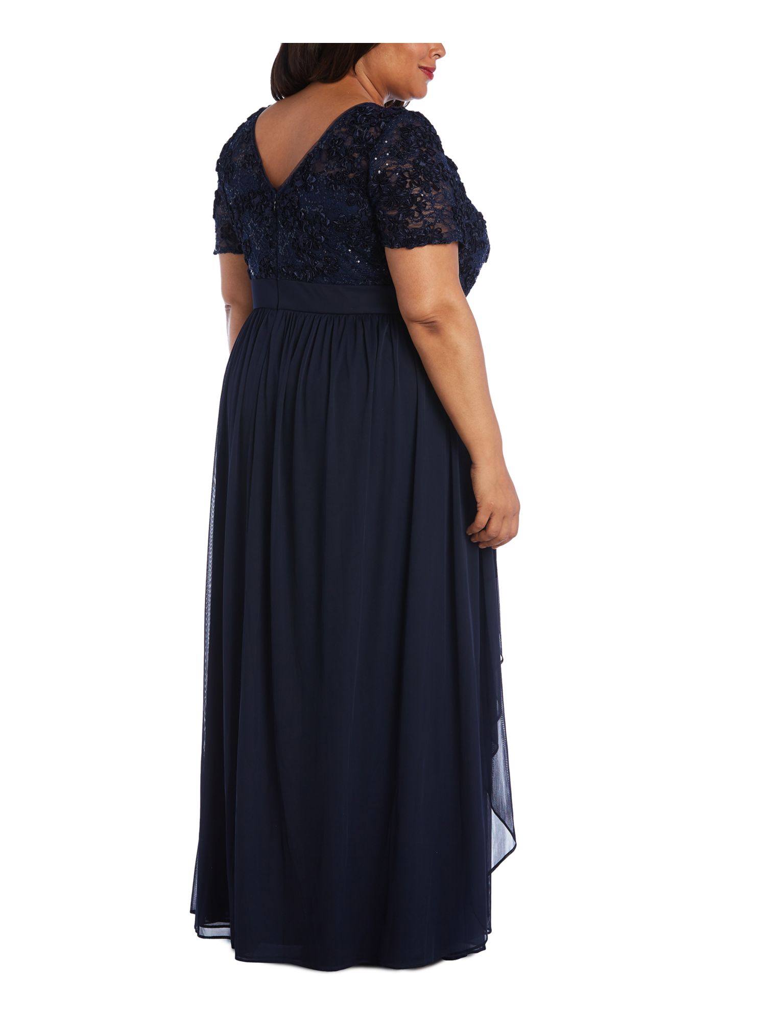 R&M RICHARDS Womens Navy Sequined Lace Short Sleeve Full-Length Evening Layered Dress Plus 20W