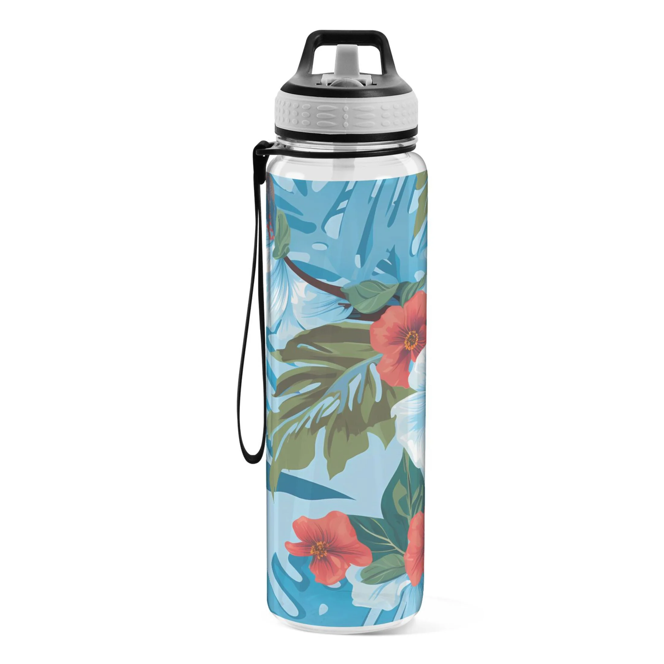 Hibiscus and Sloth 32oz Water Bottles with Straw Tritan Leakproof Sports Bottle BPA Free Clear for Fitness Gym Swimming Cycling