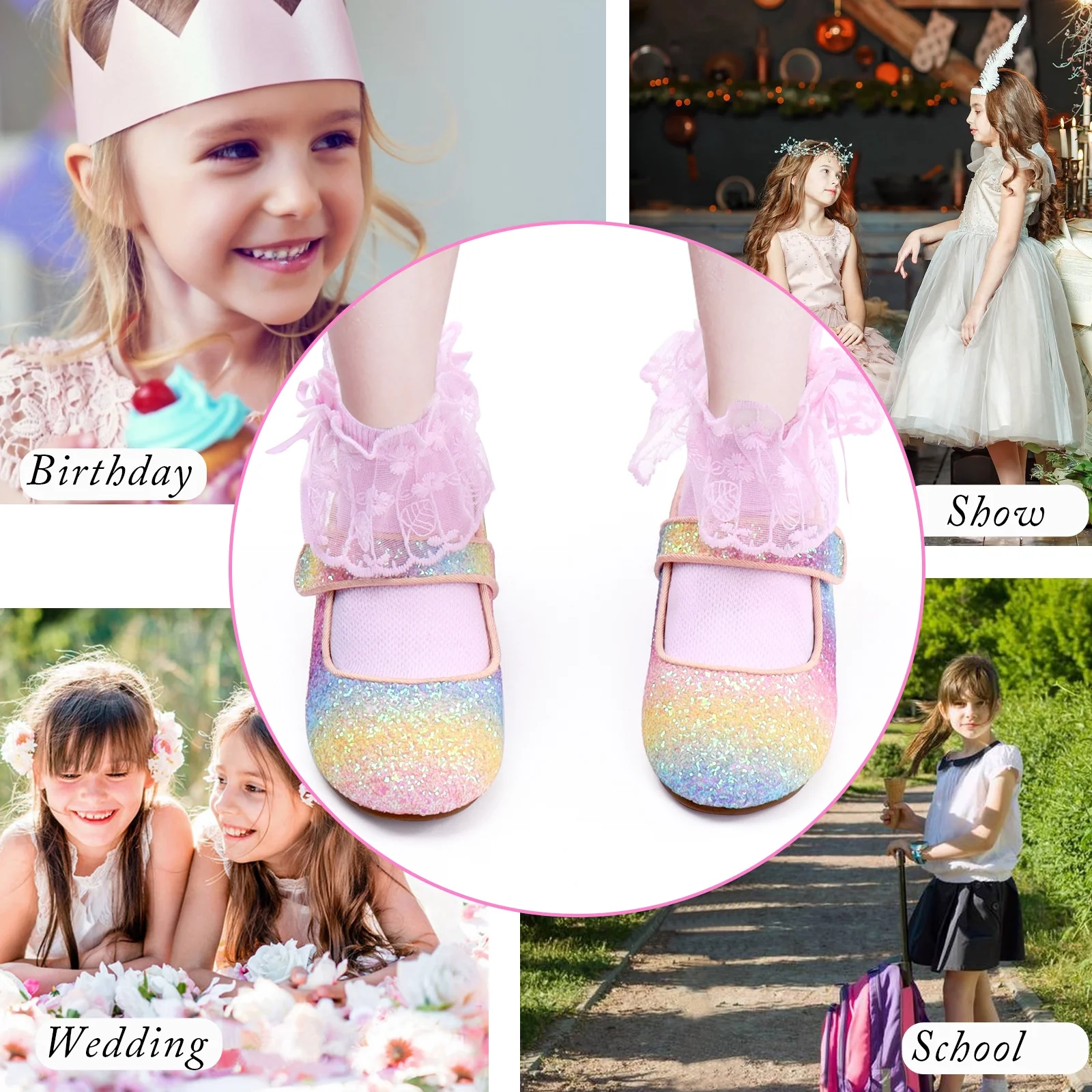 ADAMUMU Girl's Glitter Dress Shoes Toddler Party Sparkly Princess Shoes Rainbow Mary Jane Shoes Colorful Ballet Flats in Wedding Casual Wearing, Colorful, 1M Big Kid