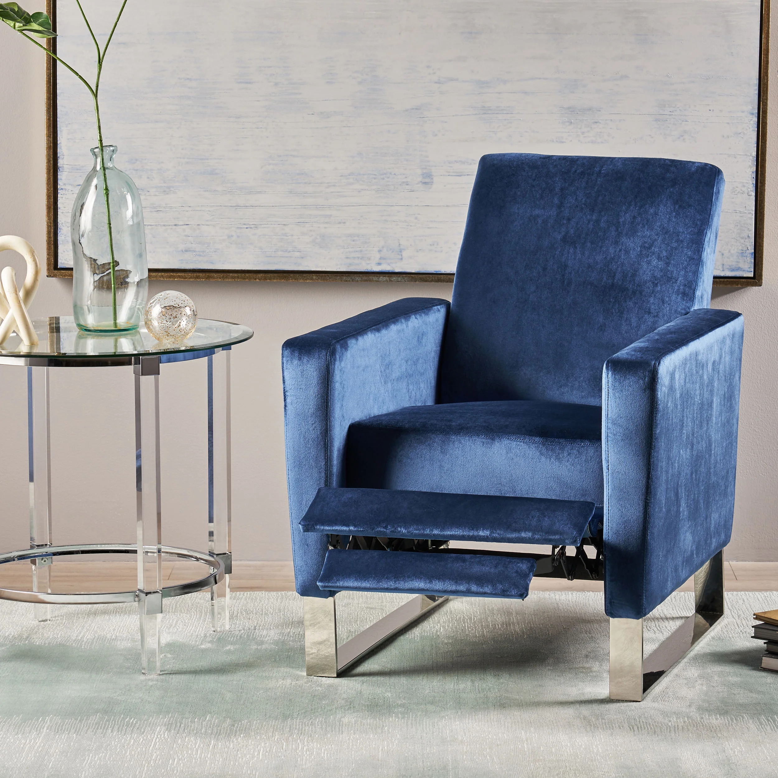 Noble House Canaan Standard Velvet Push Back High Leg Recliner, Cobalt