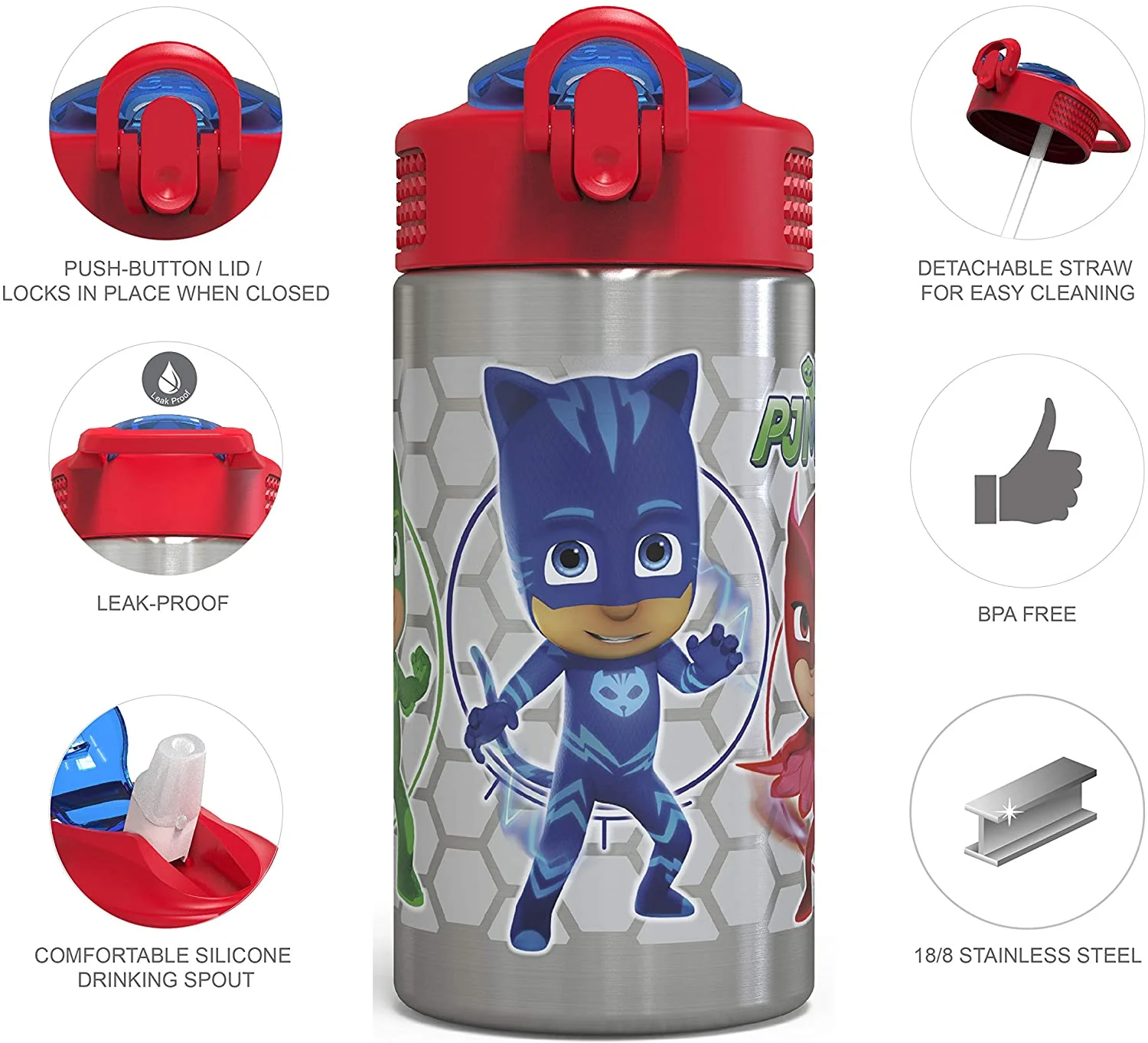 Zak Designs PJ Masks 15.5oz Stainless Steel Kids Water Bottle with Flip-up Straw Spout - BPA Free Durable Design, PJ Masks SS, Catboy, Owlette & Gekko, Single Wall