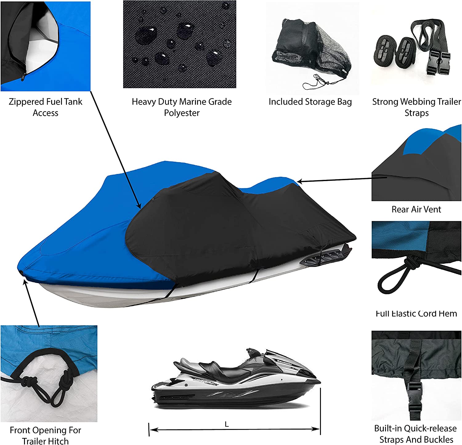 Jetpro Blue/Black Jetski Cover Polaris Sea Doo Yamaha Kawasaki PWC Jet Ski Cover Fits from 136”-145” Blue