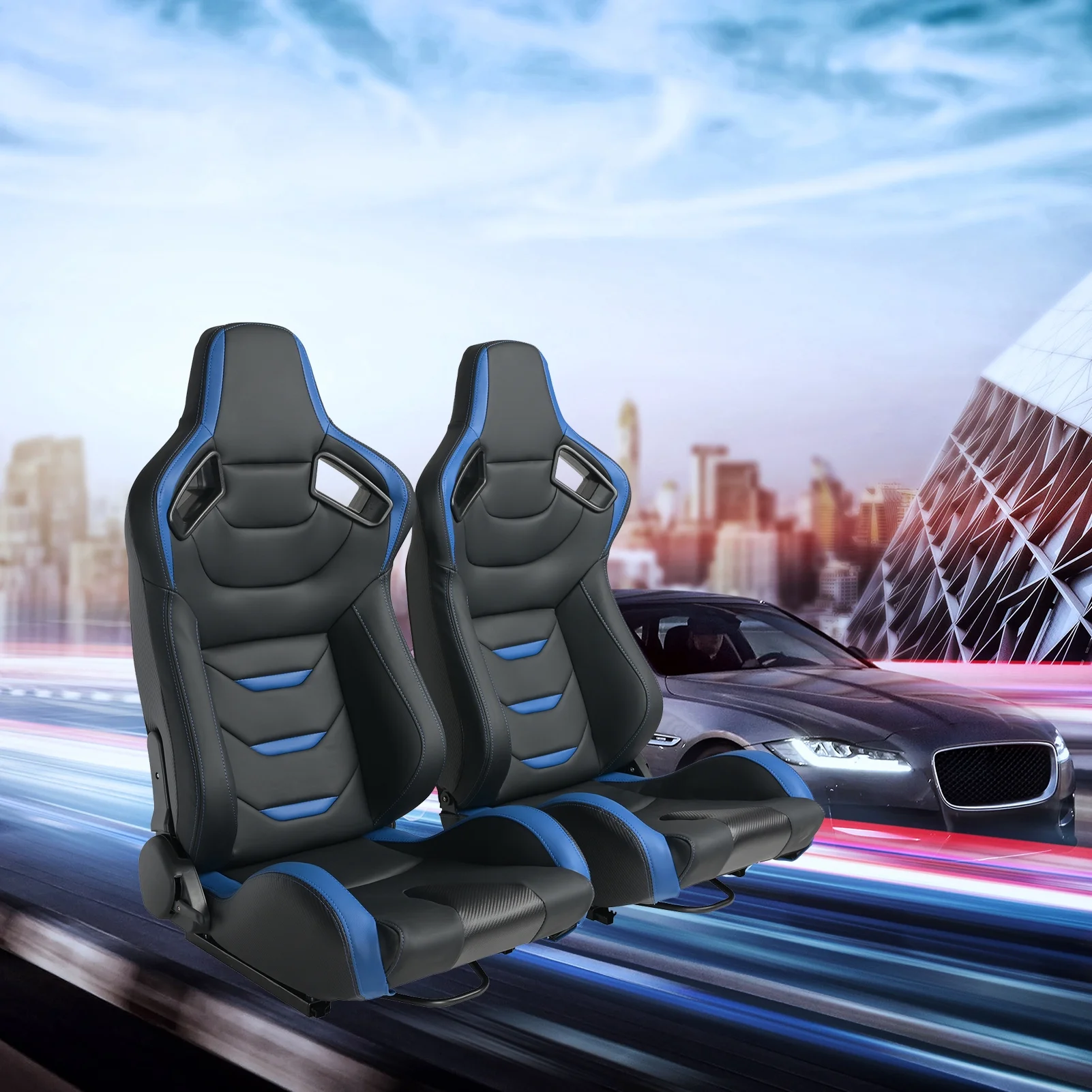 Racing Seats, 2PCS Universal PVC Leather Racing Seats with Dual Lock Sliders, Reclining Design & Front-Back Adjustable Seats (Black&Blue)