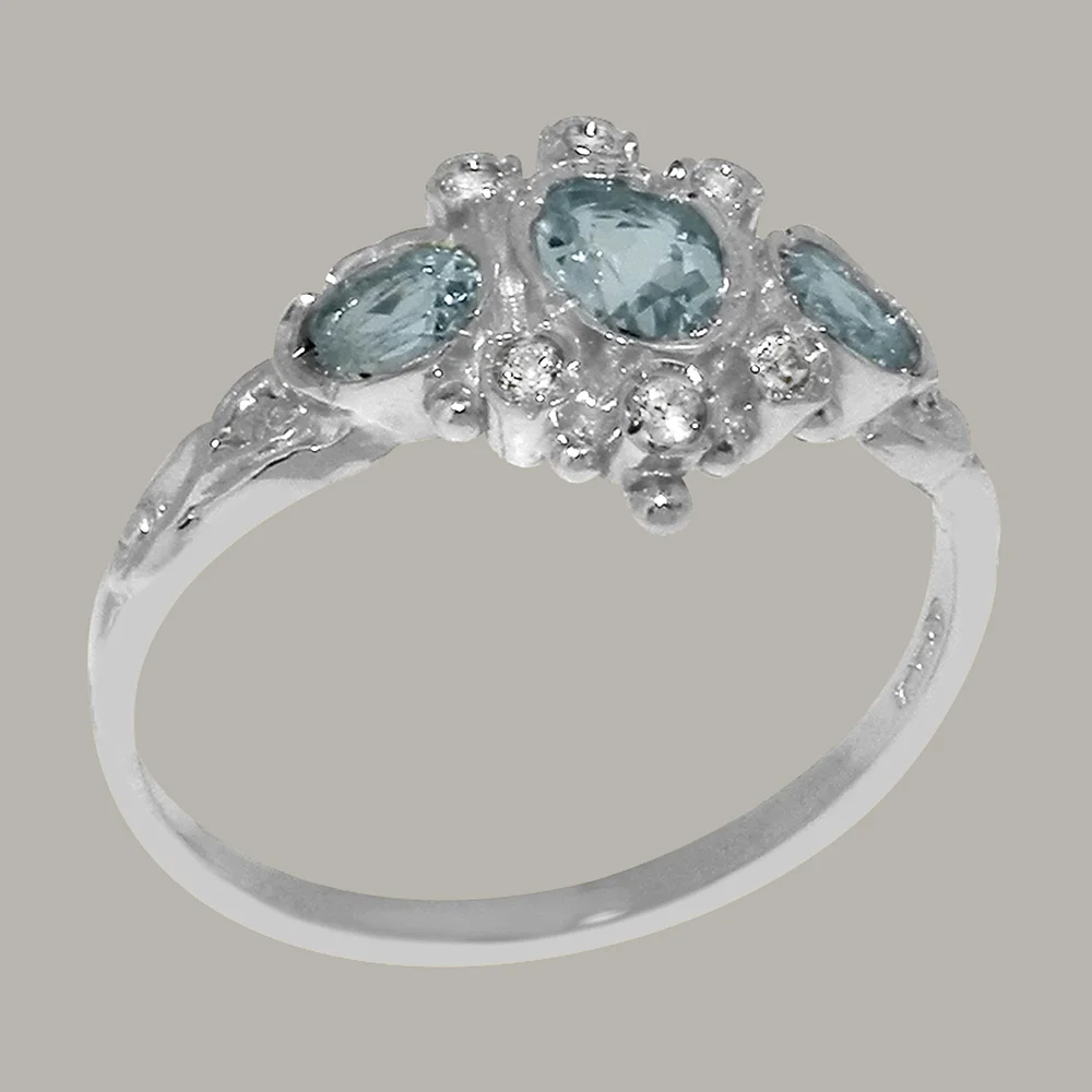 LBG English Made 14k White Gold Genuine Natural Aquamarine & Diamond Womens Statement Ring - Size 5.5