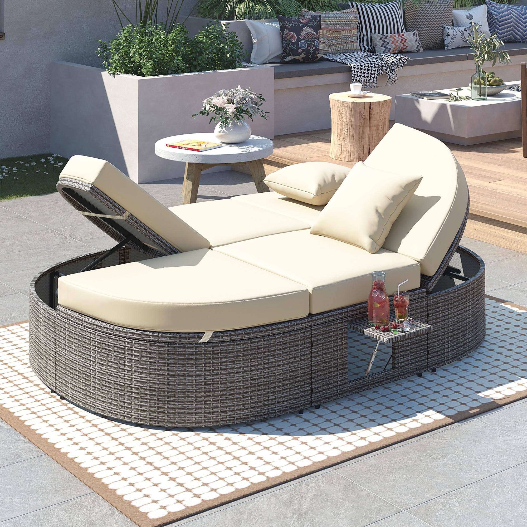 Outdoor Double Chaise Lounge, Patio Sunbed Conversation Set with Adjustable Sofa and Foldable Cup Trays, Wicker Furniture Patio Seating Set, Beige