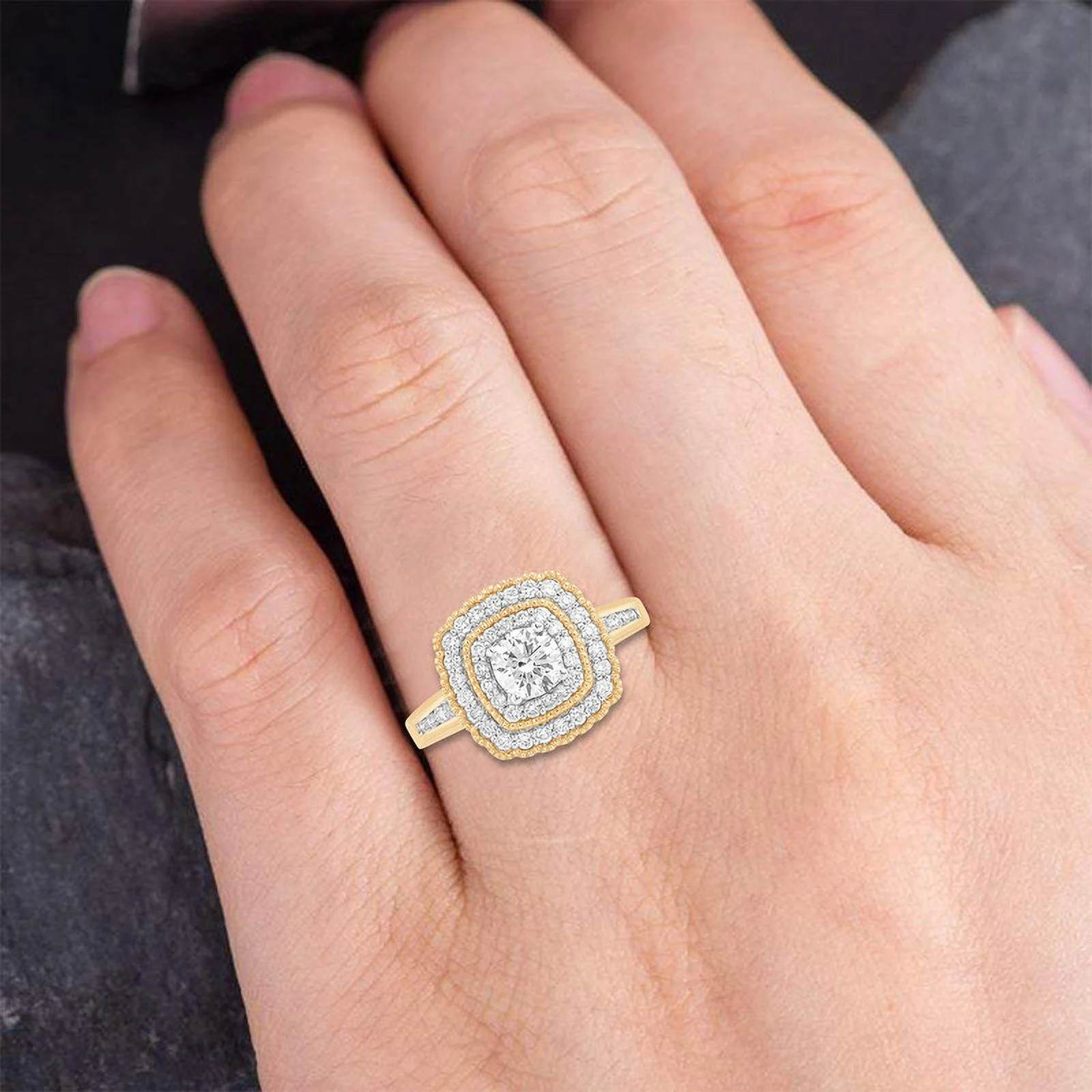 1 Cttw Round Cut Lab Grown Solitaire Diamond with Side Stone Halo Ladies Engagement Ring |Prong Set |14KT Solid Yellow Gold |Size0-7 | Womens Ring |(Clarity: VVS, Color: FG) by Dewberry