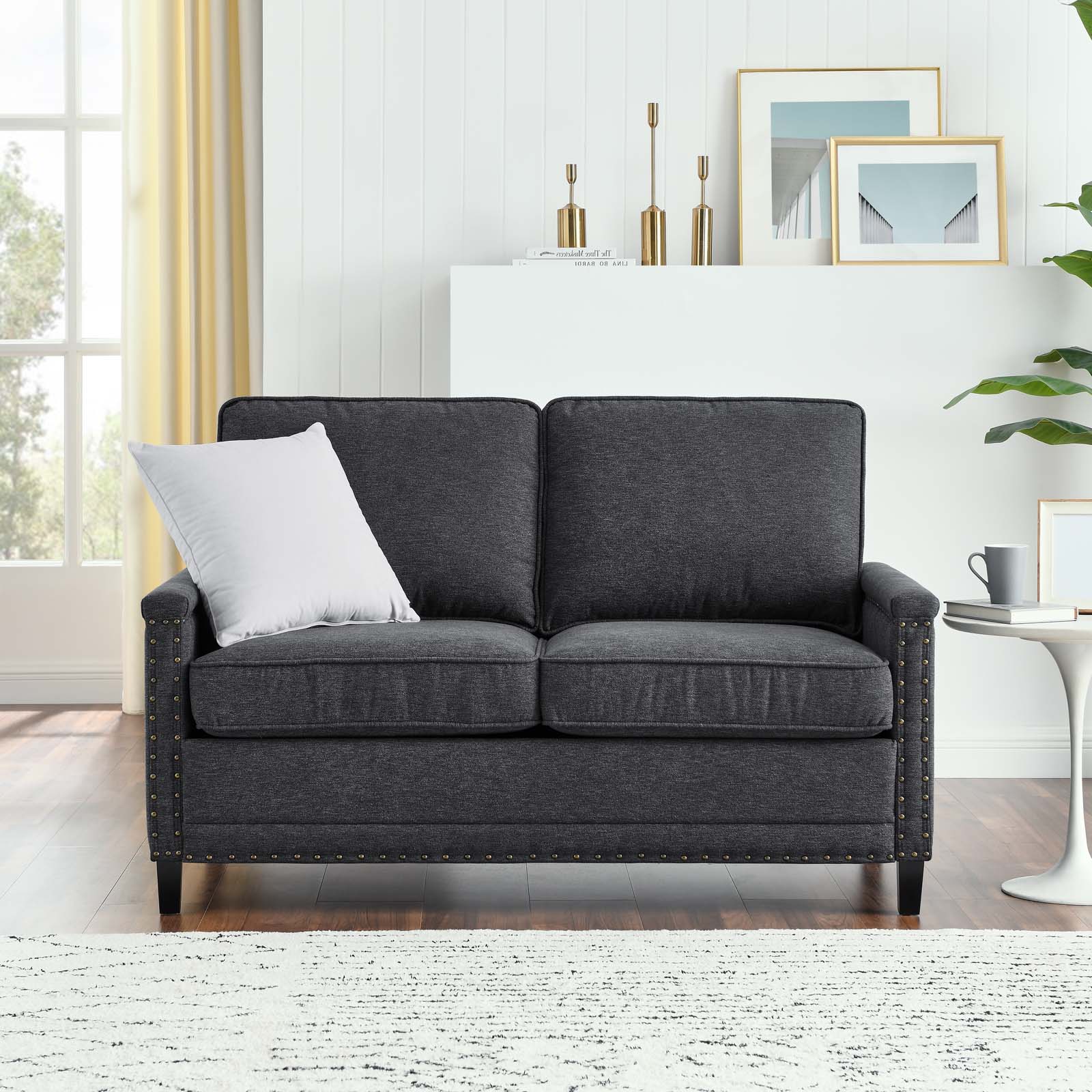 Loveseat Sofa, Fabric, Dark Grey Gray, Modern Contemporary Urban Design, Living Lounge Room Hotel Lobby Hospitality