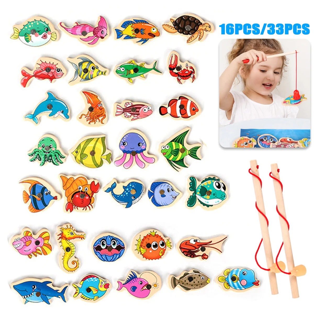 Gpoty 33/16pcs Wooden Magnetic Fishing Game Toys Set with Fish Rod Parent-child Interactive Early Educational Toy for Kids Toddlers Christmas Gift