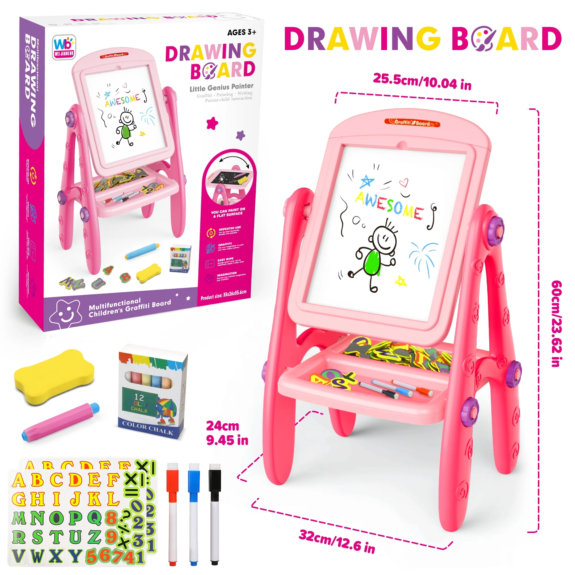 Hot Bee Art Easel for Kids Toddlers Girls Ages 3 4 5 6 Years, Rotatable Drawing Board Standing, Double Sides with Whiteboard & Chalkboard, Birthday Christmas Gifts(Pink).