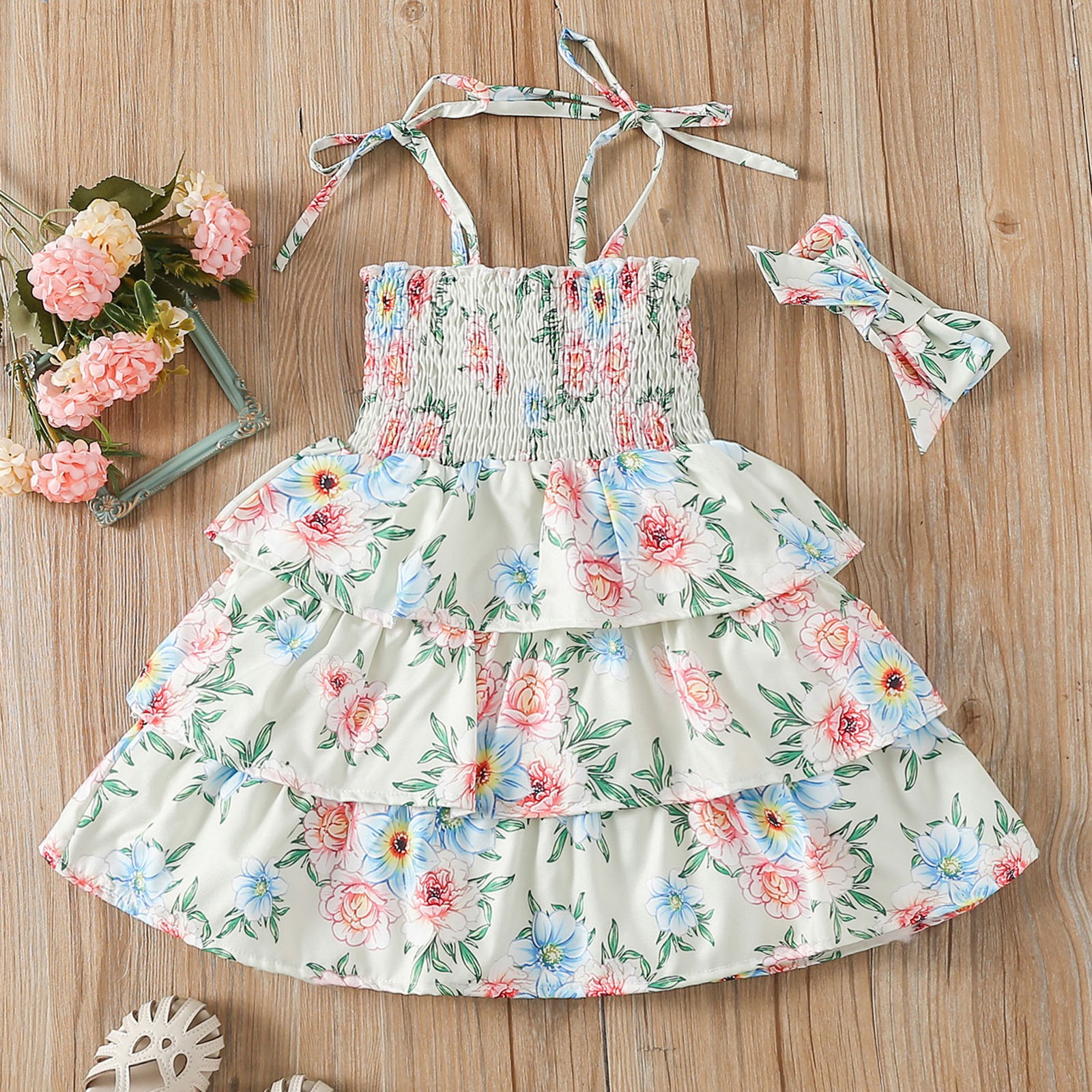 Toddler Kids Girls Dresses Riched Ruffles Floral Strap Summer Beach Dress Princess Dresses Casual Clothes 4Y