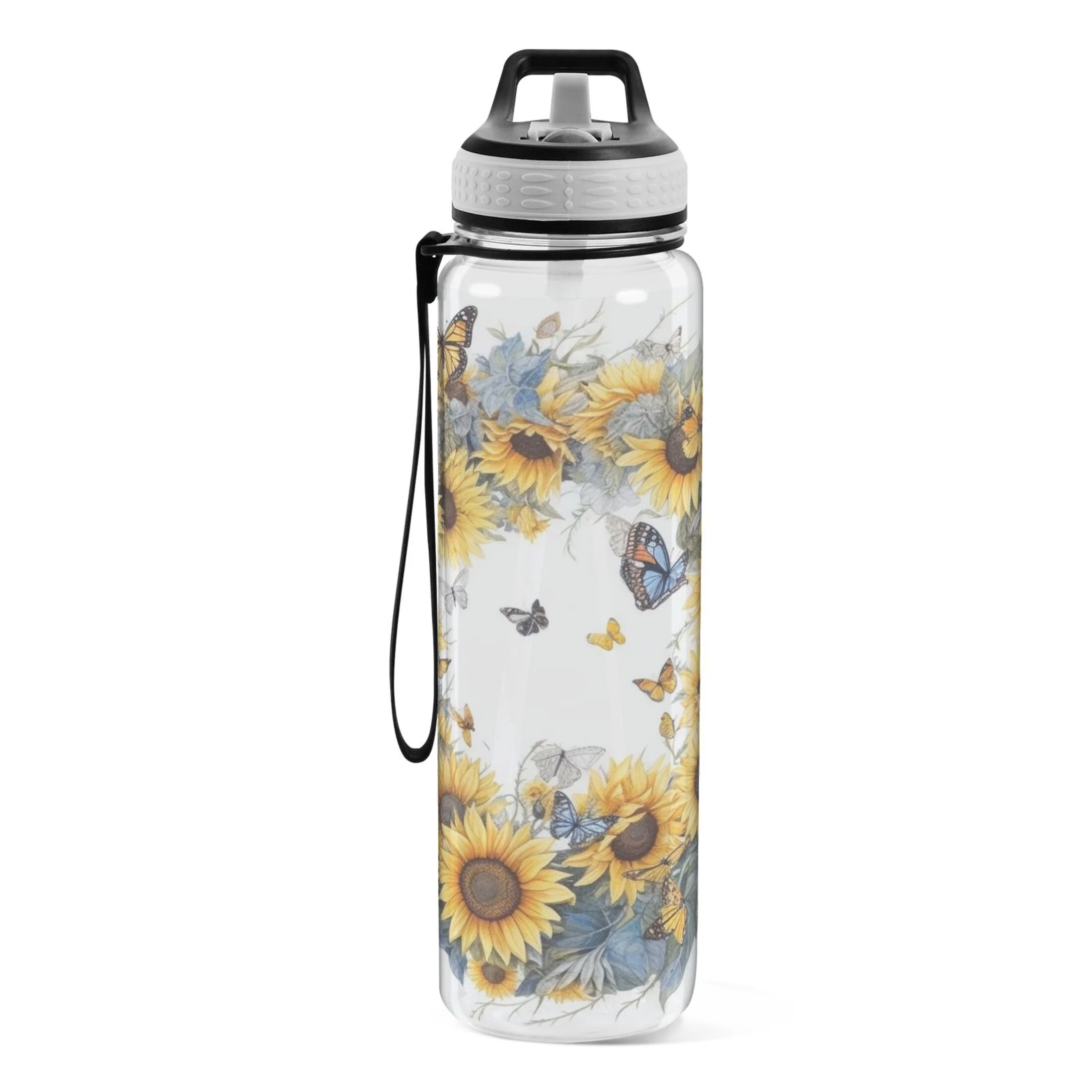 Sunflowers Butterfly 32oz Water Bottles with Straw Tritan Leakproof Sports Bottle BPA Free Clear for Fitness Gym Swimming Cycling