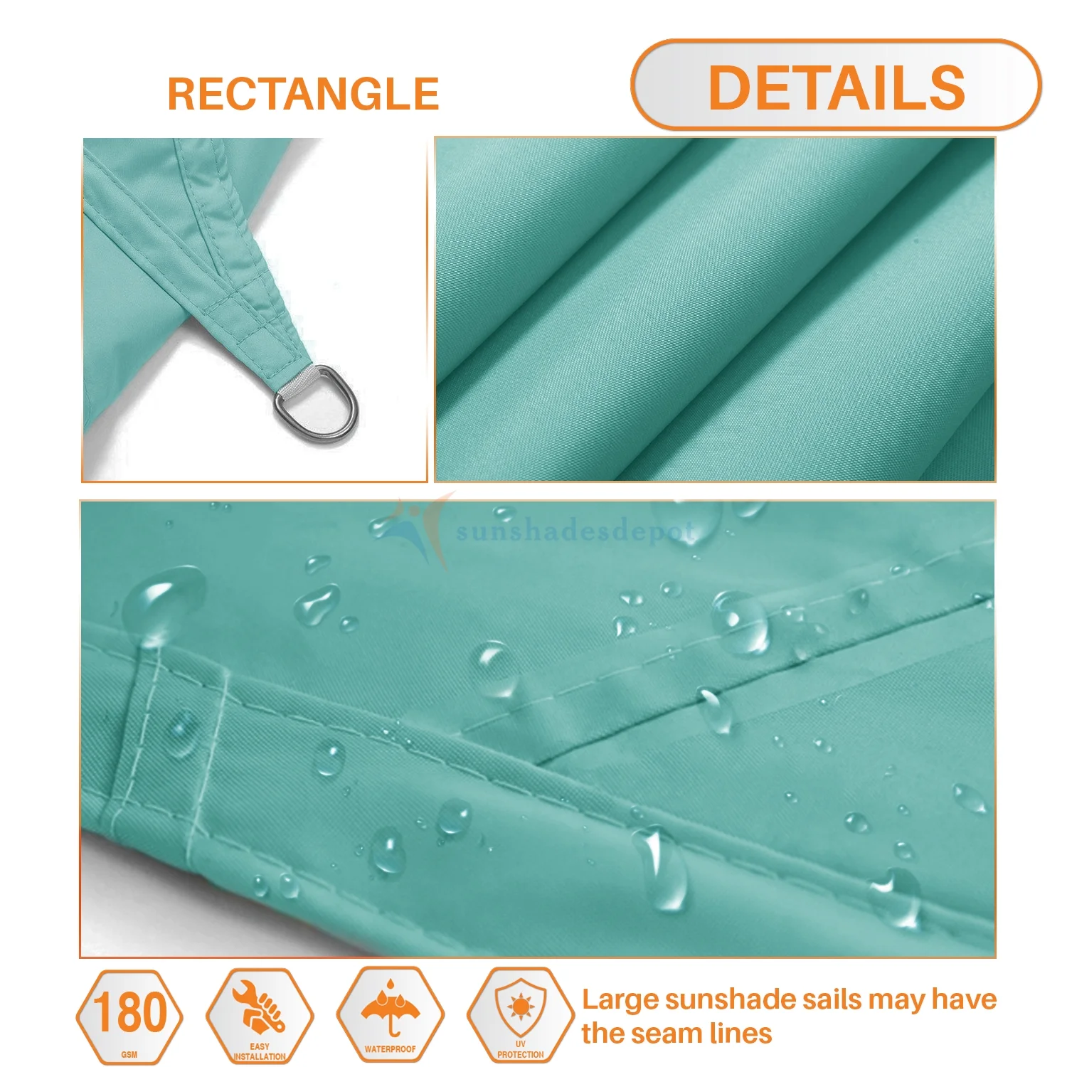 Sunshades Depot 8' x 18' Rectanlge Waterproof Knitted Shade Sail Curved Edge Turquoise Green 180 GSM UV Block Shade Fabric Pergola Carport Canopy Replacement Awning Customize Available