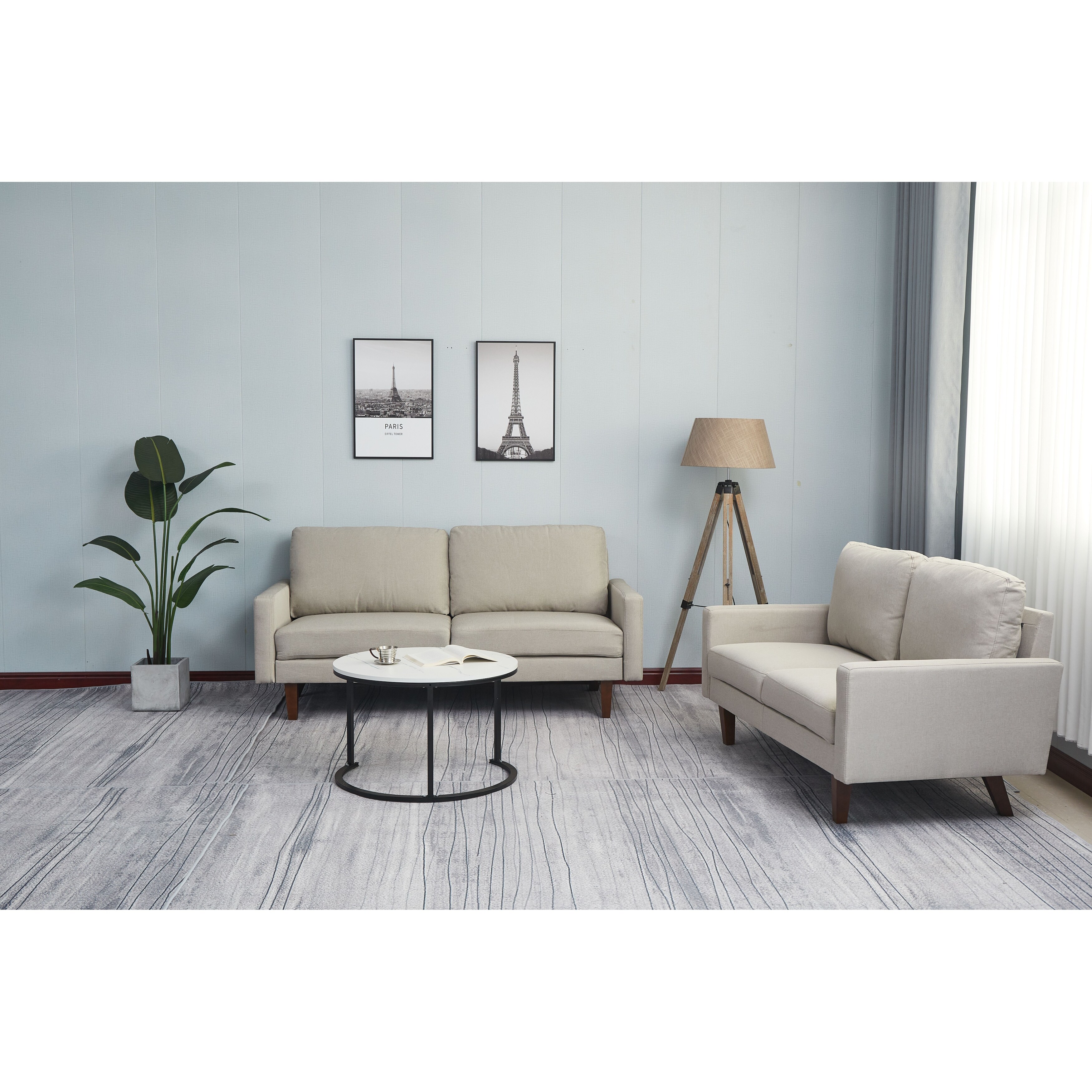 Linen 2 Piece Loveseat and Sofa Living Room Set Dark Blue