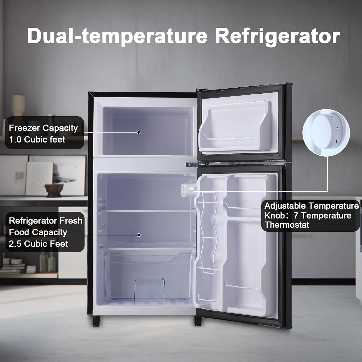 AUCHI Compact Refrigerator 3.5 Cu. Ft, 2 Door Design, Adjustable Thermostat, Adjustable Removable Shelves Refrigerator Suitable for Dorm Garage and Office.