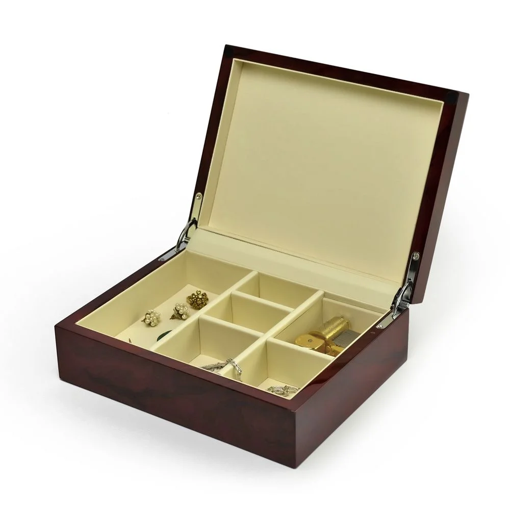 Contemporary 18 Note Hi Gloss Burl Wood Finish Jewelry Box - Over 400 Song Choices - Are You Lonesome Tonight