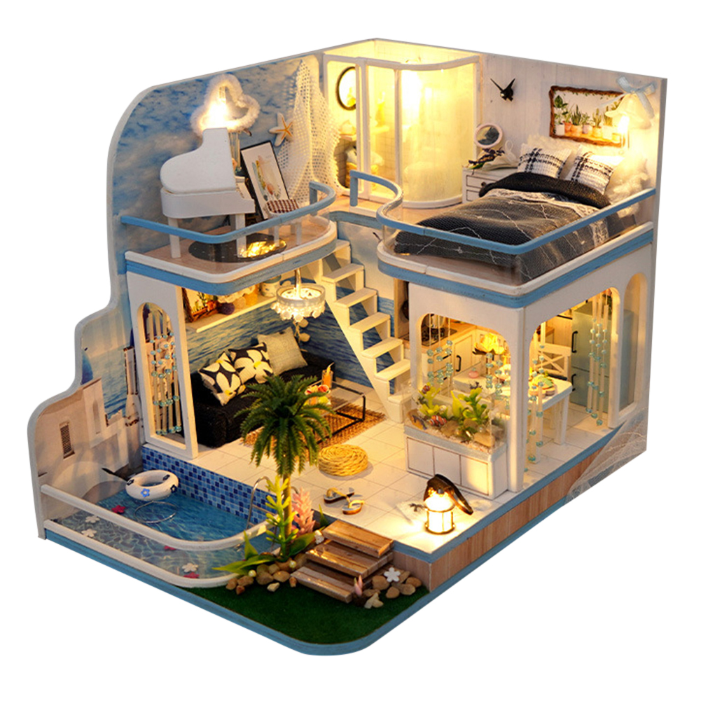 Bafierng Wooden Model House Kit with Dust Cover/Light/Accessories Miniature Dollhouse Kit
