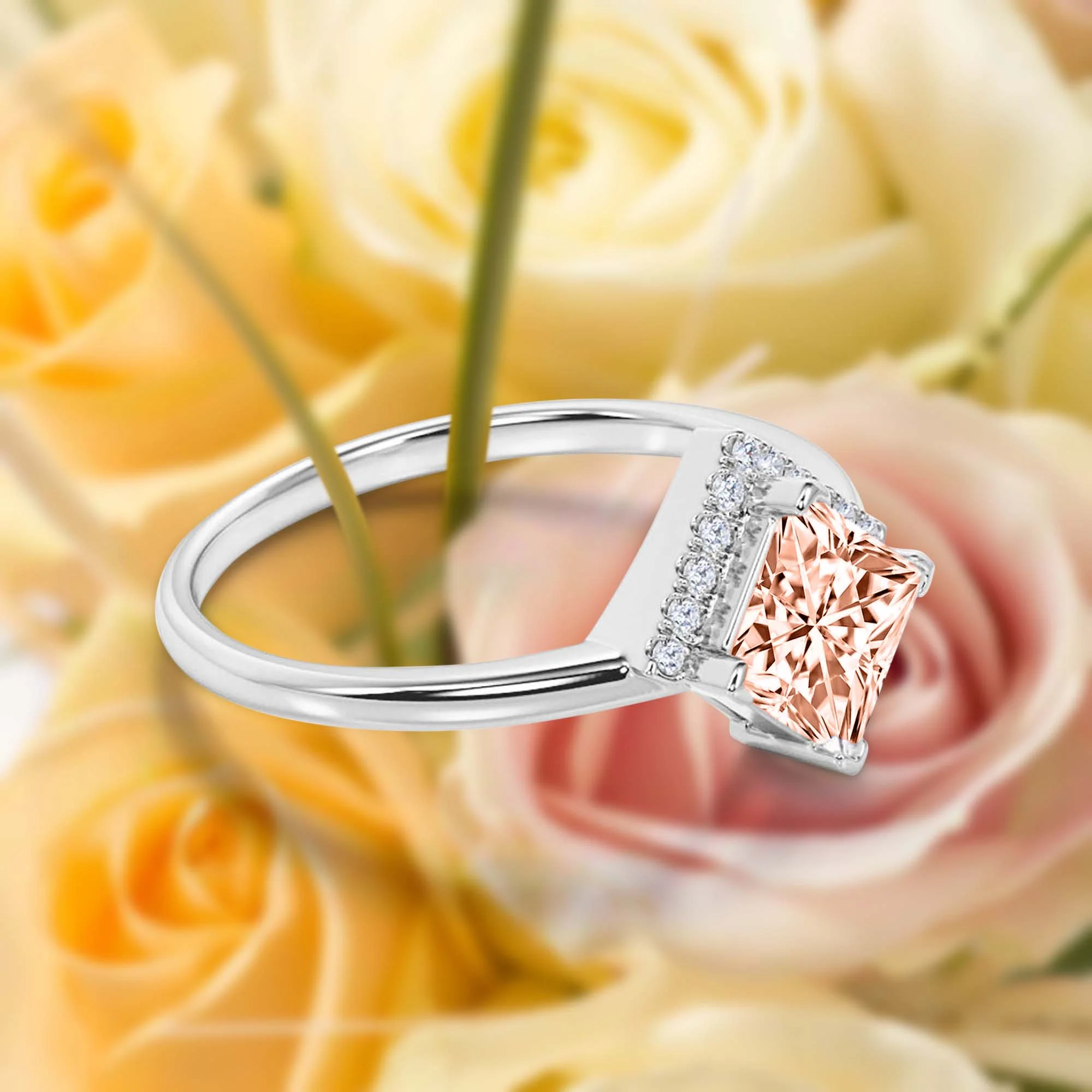 Boho & hippie 1.50 Carat Princess Cut Morganite And Diamond Moissanite Dainty Engagement Ring, Classic Wedding Ring in 10k Solid White Gold, Gift For Her, Promise Ring, Anniversary Ring