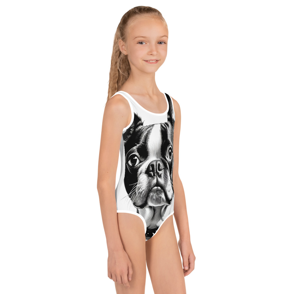 White Boston Terrier Kids One Piece Swimsuit, Swimwear for Girls (6X)