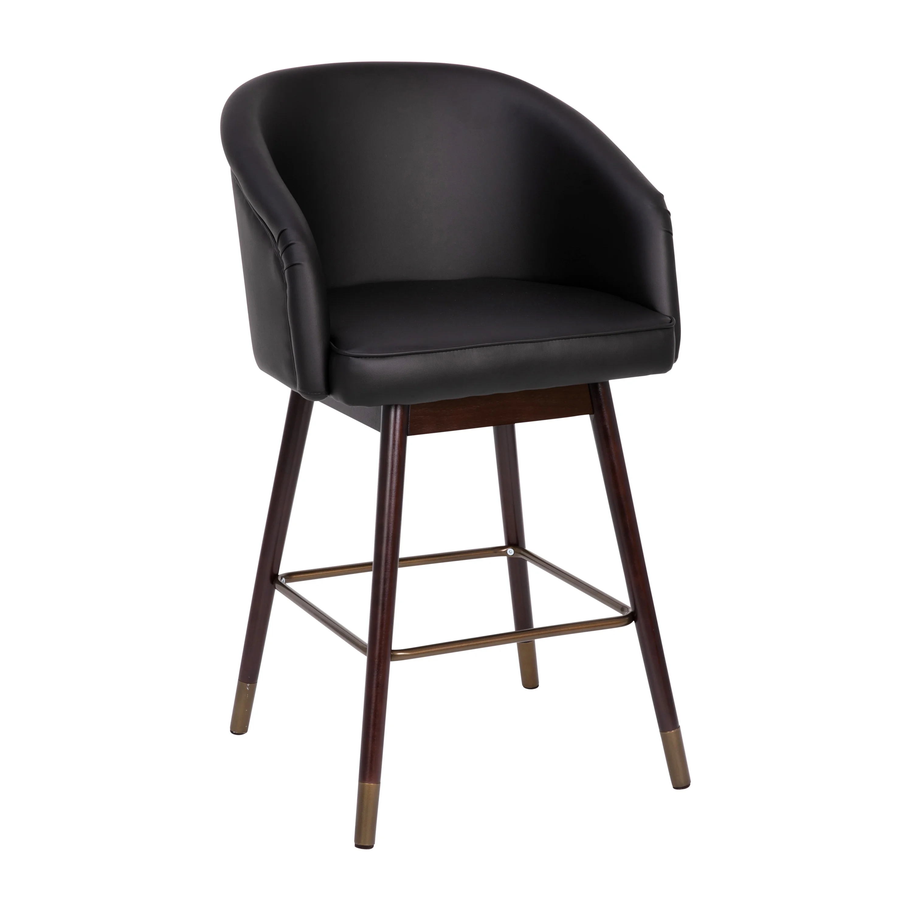 Merrick Lane Modern Walnut Finish Wood Frame Counter Height Stool with Soft Bronze Accents, Black Faux Leather