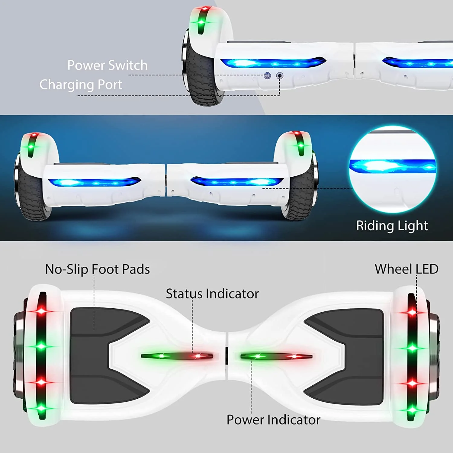 Hoverboard with Bluetooth Speaker LED Lights, 6.5inch Self Balancing Hover Board for Adults Kids Ages 6+ with UL2272 Certified