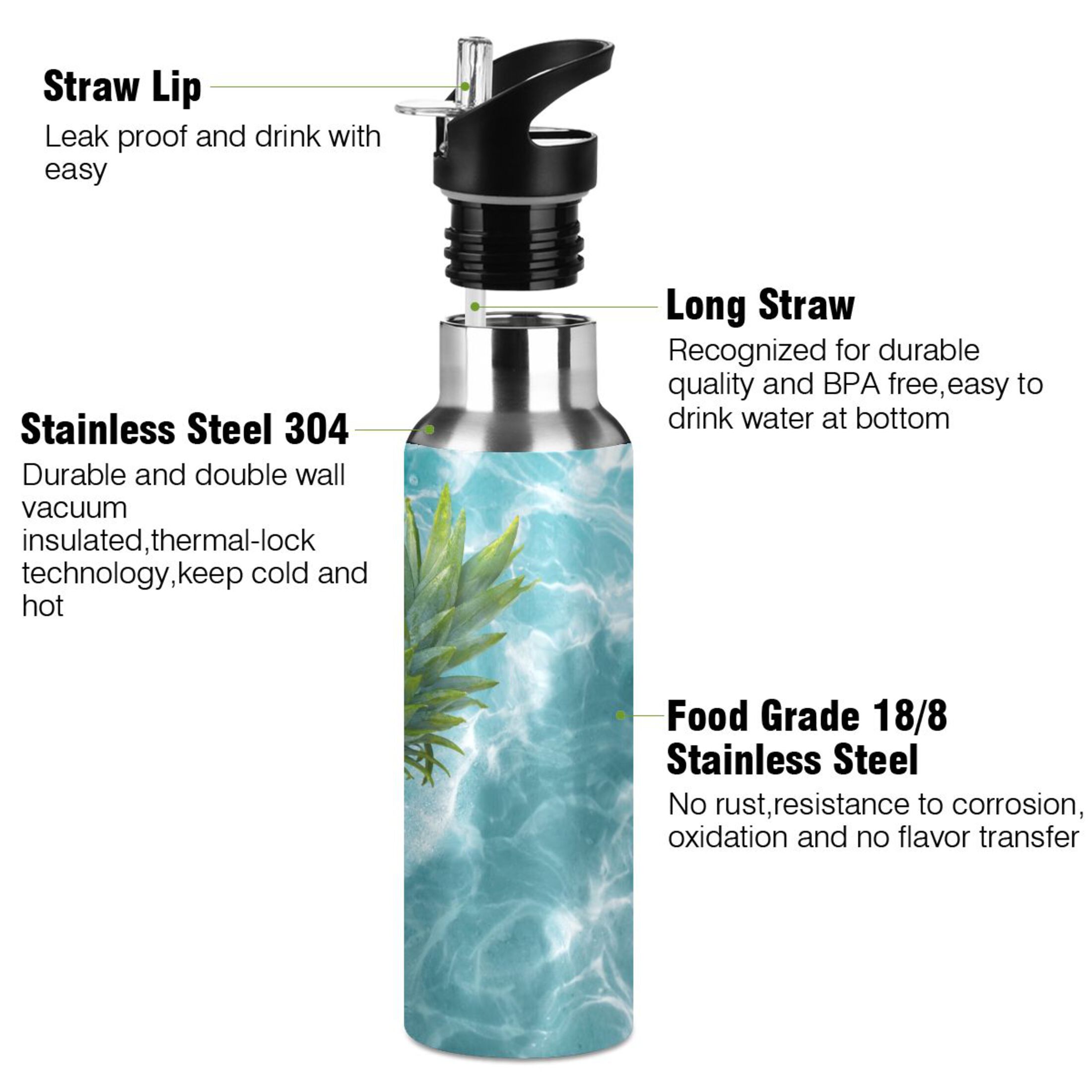 Yellow Pineapple on Blue Water Water Bottles Insulated Thermos Kids Stainless Steel Bottle with Straw Lid Flask Leakproof for Sports Gym 20 oz