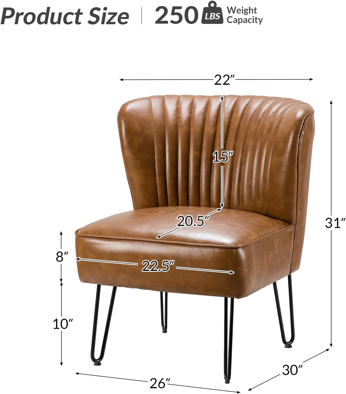 Faux Leather Accent Chair With Metal Base, Century Modern Living Room Chair, Comfy Upholstered Armless Side Chair For Bedroom Office, Camel