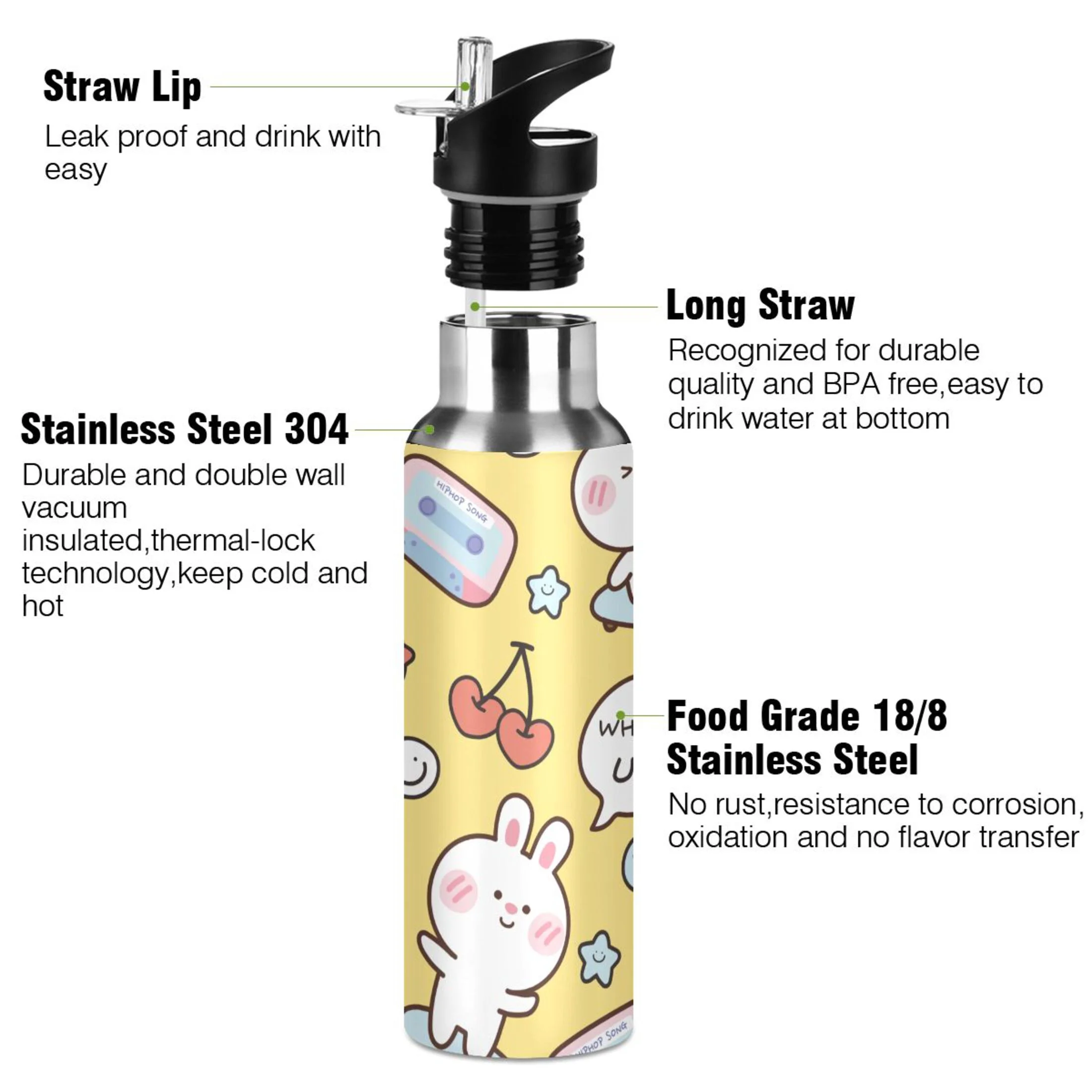 Water Bottle with Straw Lid Leak Cute Rabbit on Skate Board Stainless Steel Insulated Thermos Vacuum Flask for Cold Hot Drinking for Sports Camping Gym Yoga