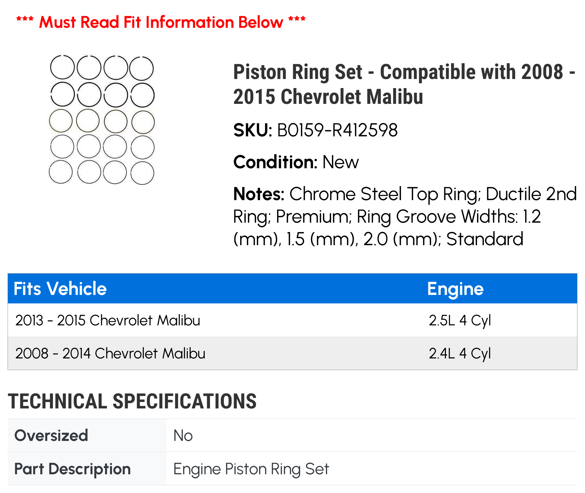 Piston Ring Set - Compatible with 2008 - 2015 Chevy Malibu 2009 2010 2011 2012 2013 2014