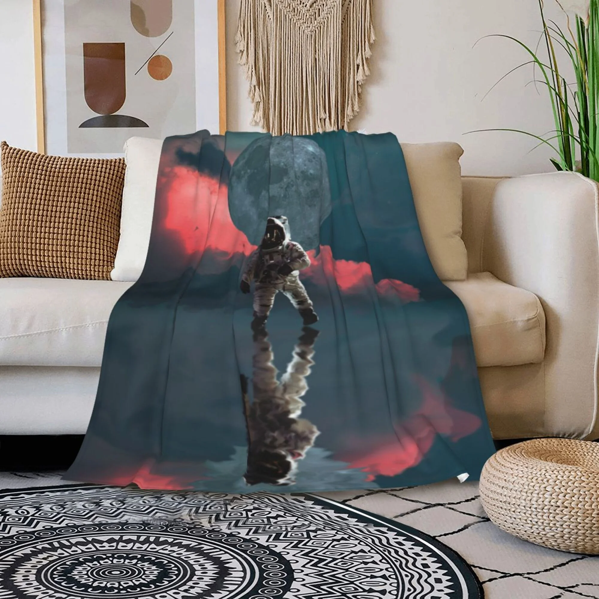 TEQUAN Double Layer Plush Bed Blanket, Moon Planet Space Astronaut Pattern Cozy Soft Air Conditioner Throw Blankets, 50