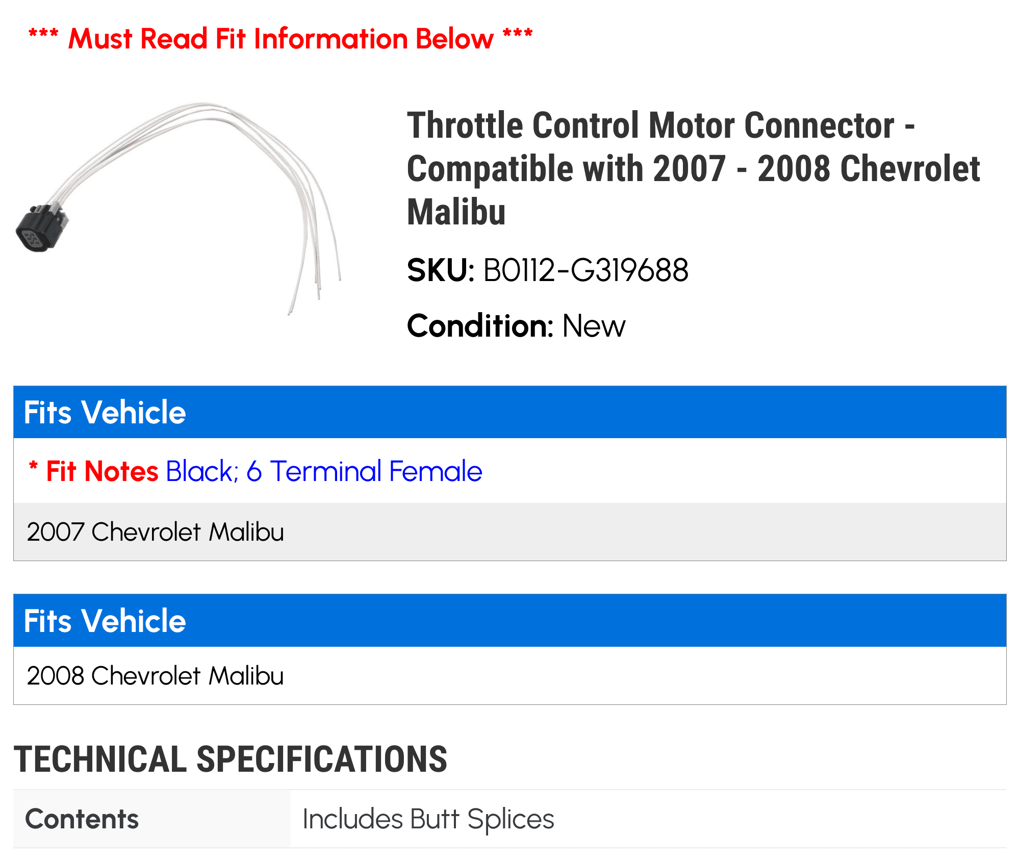 Throttle Control Motor Connector - Compatible with 2007 - 2008 Chevy Malibu