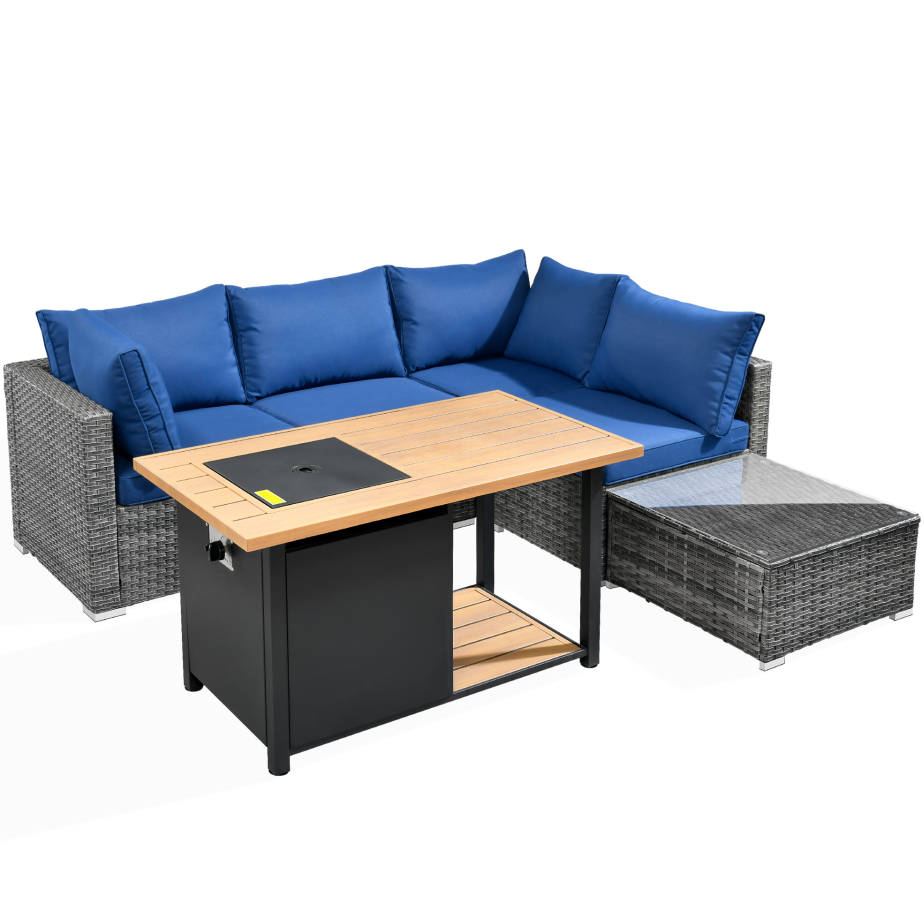 Vcatnet 6 Pieces Outdoor Patio Furniture Sectional Sofa All-weather Conversation Set with Fire Pit Table and Coffee Table for Garden,Poolside,Navy blue