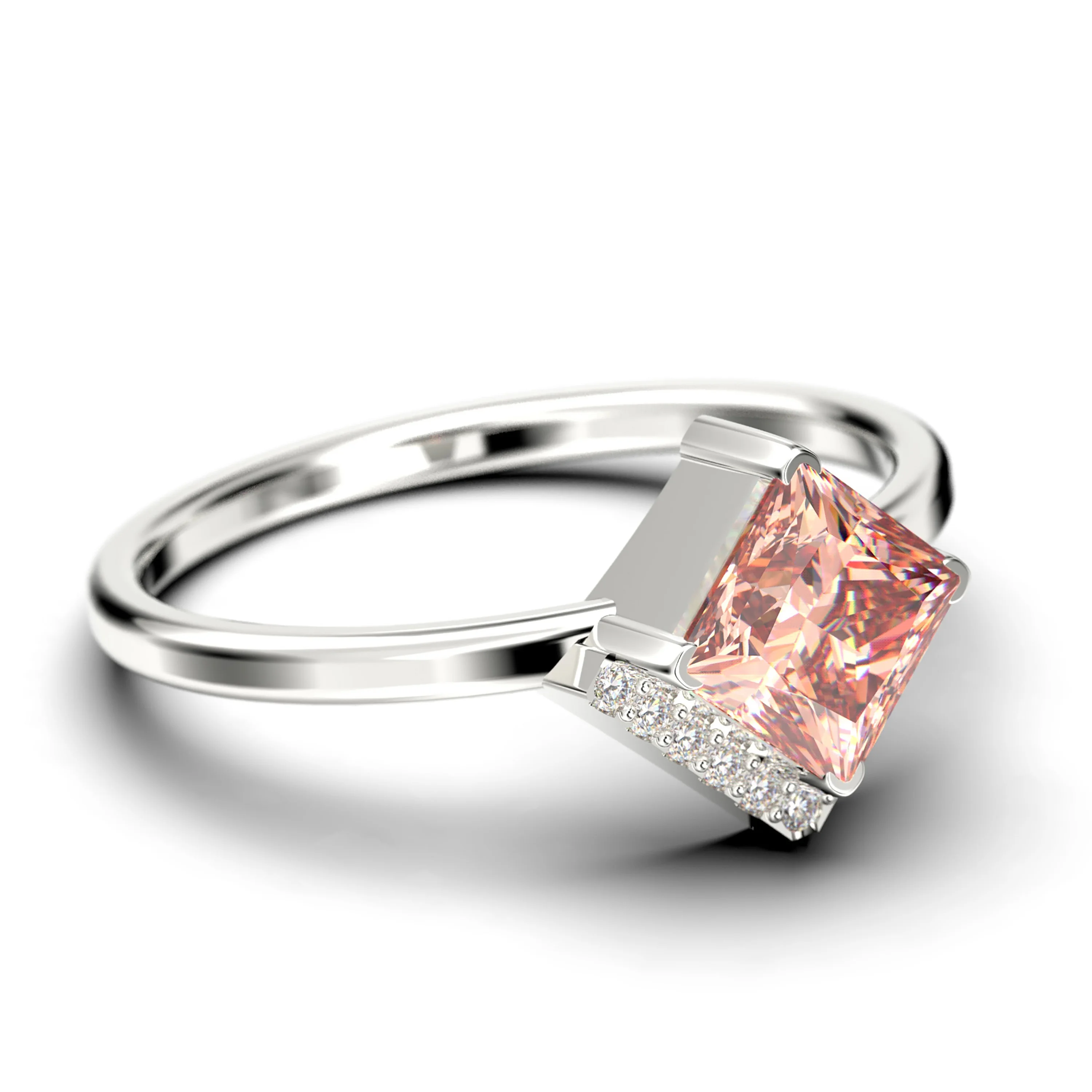 Boho & hippie 1.50 Carat Princess Cut Morganite And Diamond Moissanite Dainty Engagement Ring, Classic Wedding Ring in 925 Sterling Silver With 18k White Gold Plating, Gift For Her, Promise Ring