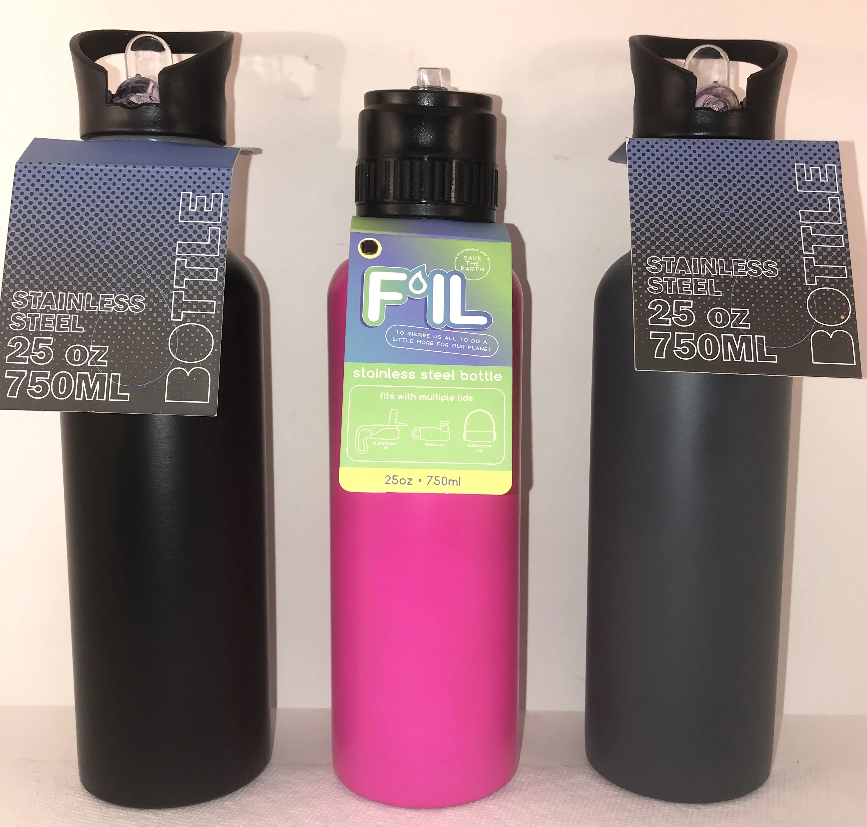 3 Aspire 25 oz. 750ml Single Walled Stainless Steel Water Bottle with Straw Lid 3pk  (Grey Color,  Black Color Pink Color)