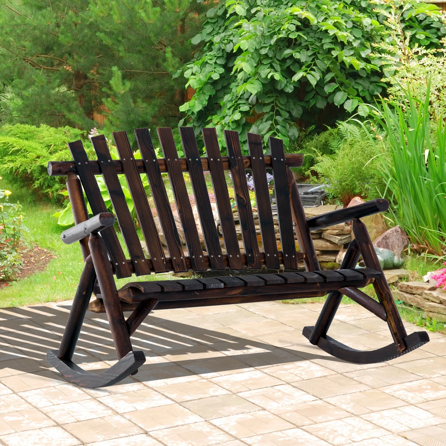 Outsunny Outdoor Rustic Double Rocking Chair Adirondack Bench, Fir Wood Log Slatted Design Patio Rocker for 2 Persons