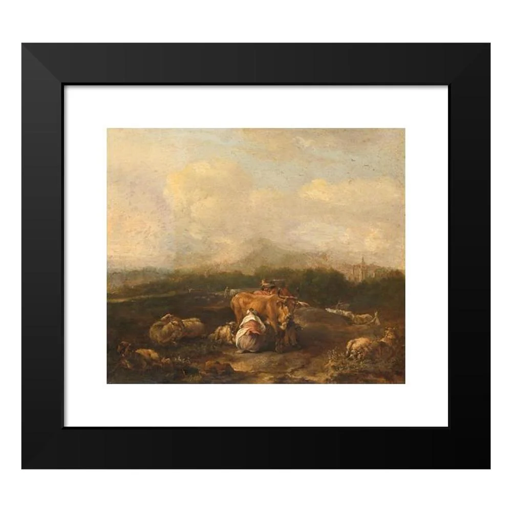 Nicolaes van Helt Stockade 23x20 Black Modern Framed Museum Art Print Titled - Italian Landscape with Cattle (1640 - 1669)
