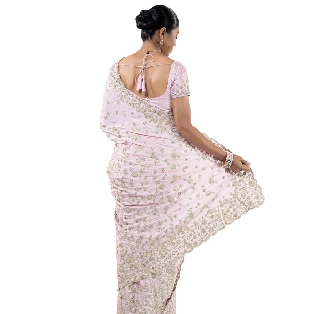 Satin Silk saree with bead work embroidery - Pink Size: XXS, Color: Pink