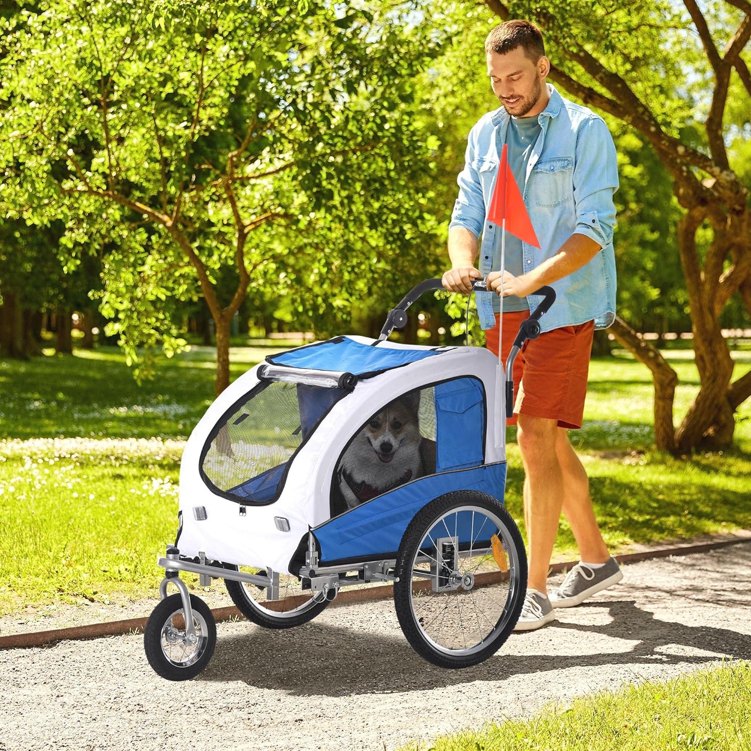 Dog Bike Trailer 2-In-1 Pet Stroller With Canopy And Storage Pockets, Blue