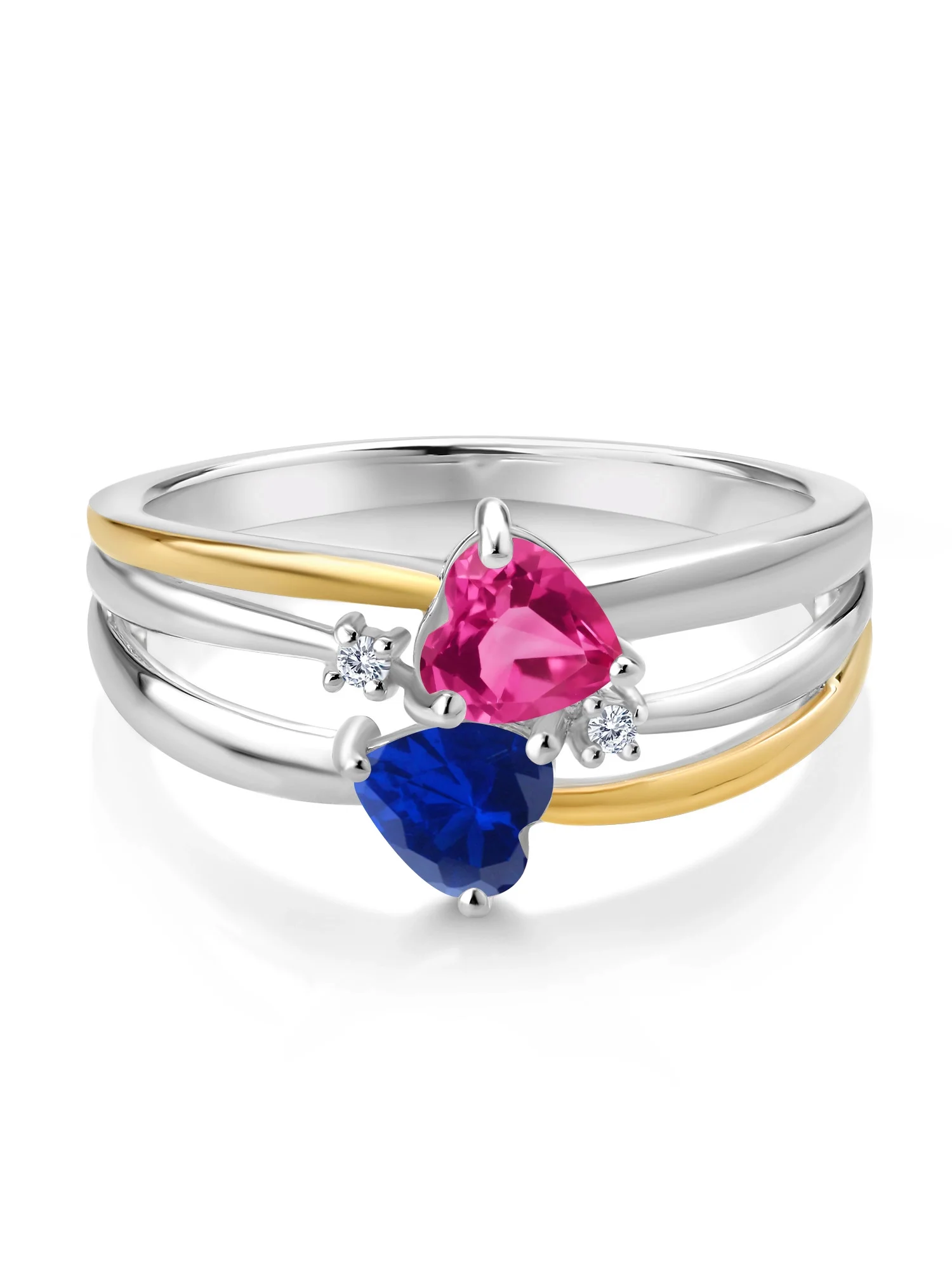 925 Silver and 10K Yellow Gold Pink Created Sapphire and Blue Created Sapphire and White Lab Grown Diamond Band Ring For Women (1.12 Cttw, Gemstone September Birthstone, Heart Shape 5MM, Size 8)