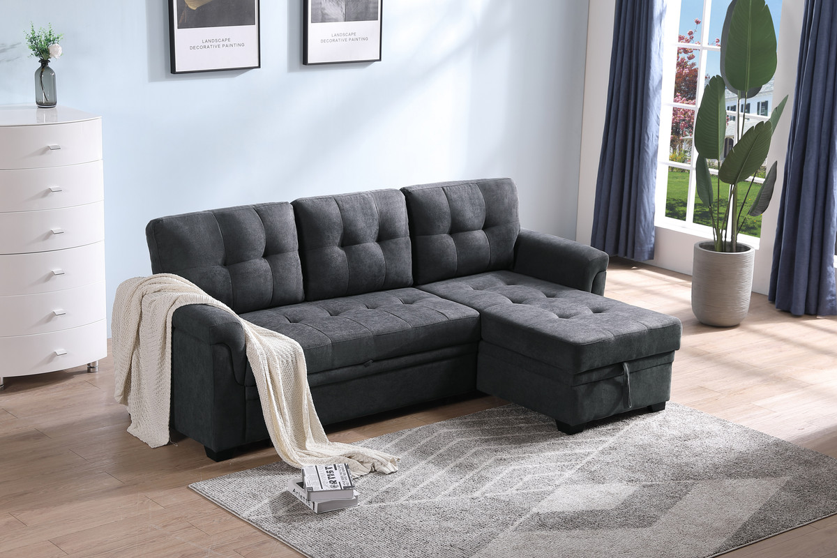 Lilola Home Connor Dark Gray Fabric Reversible Sectional Sleeper Sofa Chaise with Storage