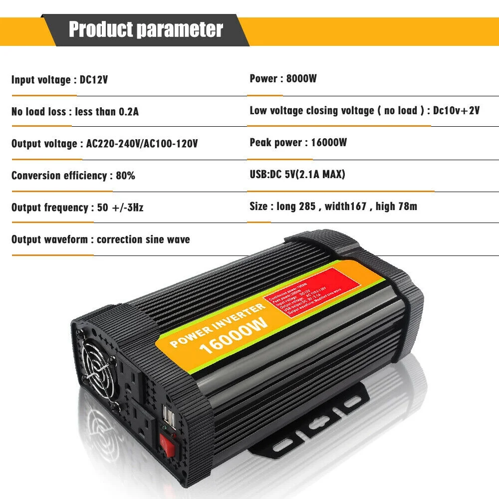 MDHAND 8000W Continuous/16000W Peak Car Power Inverter DC 12V to AC 110V Adapter with 2 AC Outlets and 2.1A Dual USB Charging Port