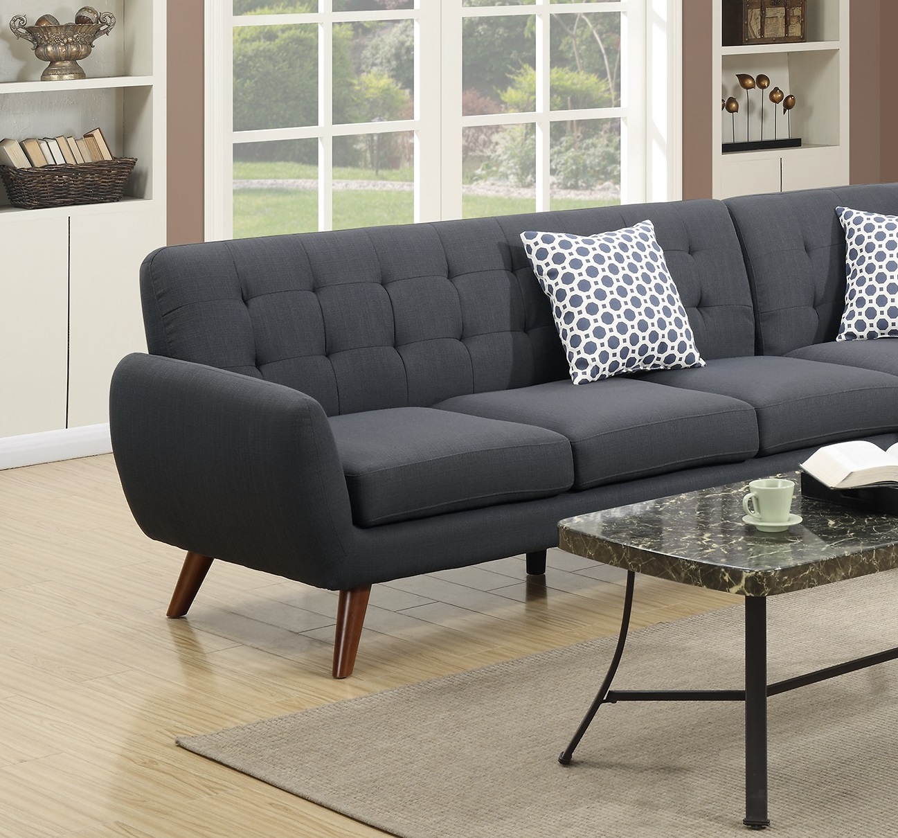 New Retro & Modern Ash Black Color Classic Sectional Sofa Loveseat Wedge Couch Living Room Furniture Linen Like Fabric Cushion Pillows