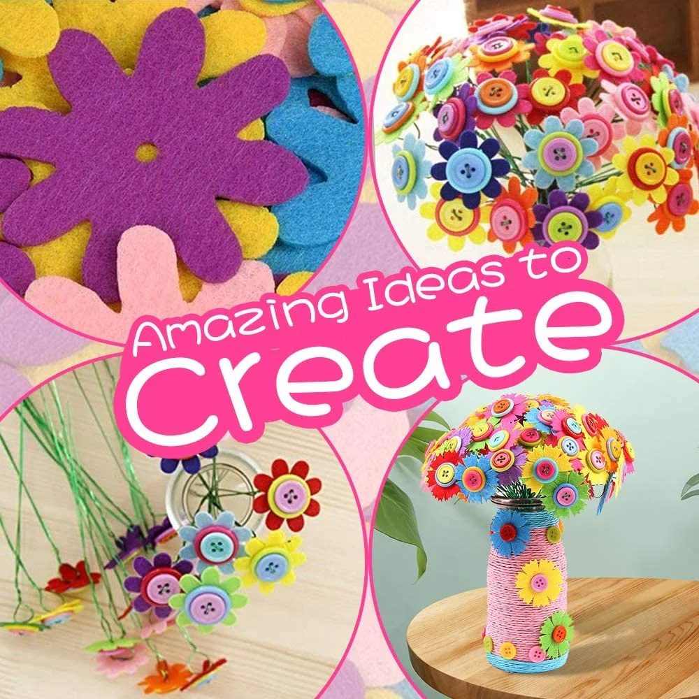 LNKOO Flower Craft Kit for Kids - Colorful Button & Felt Flowers, Vase Art Toy & Craft Project for Boys and Girls, Fun Party Favors & DIY Activity Gift for Children Ages 4 5 6 7 8 9 10 Years Old